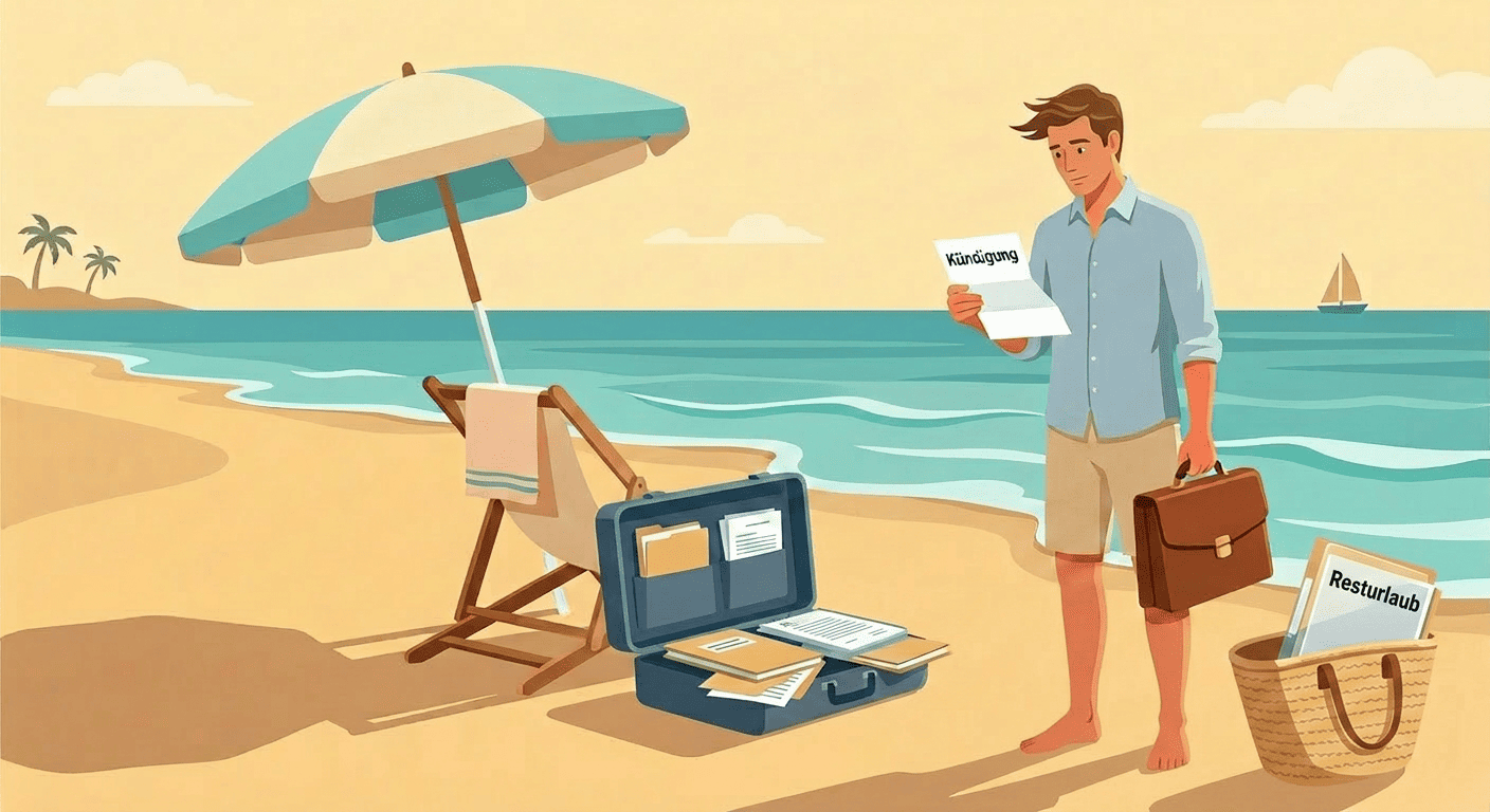 Mann liest am Strand ein Schreiben mit der Überschrift "Kündigung", neben ihm ein offener Aktenkoffer voller Unterlagen und eine Strandtasche mit Papier "Resturlaub" – Symbol für Jobverlust während des Urlaubs.