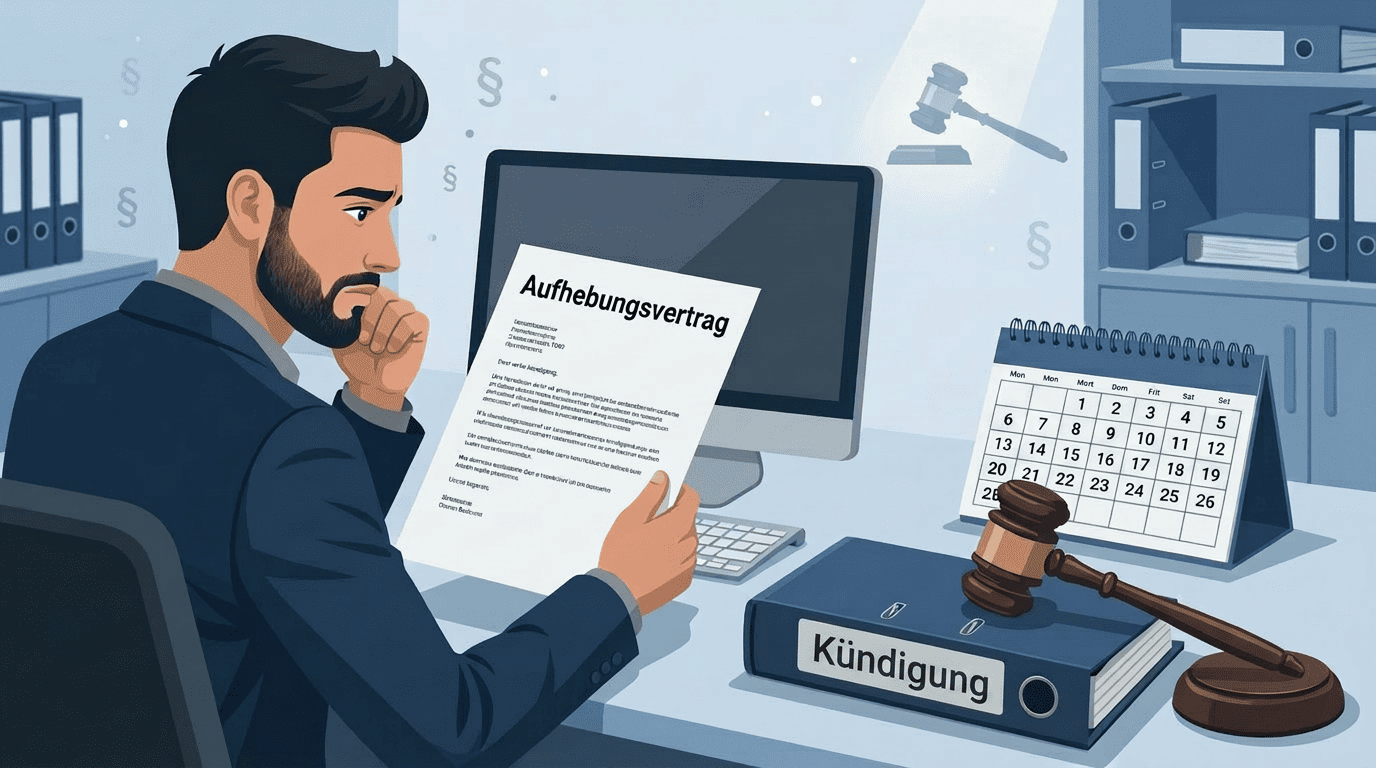 Nachdenklicher Mann am Schreibtisch liest ein Dokument mit der Überschrift "Aufhebungsvertrag", neben Kalender, Aktenordner mit dem Etikett "Kündigung" und Richterhammer, symbolisch für arbeitsrechtliche Kündigungs- und Aufhebungsfragen.