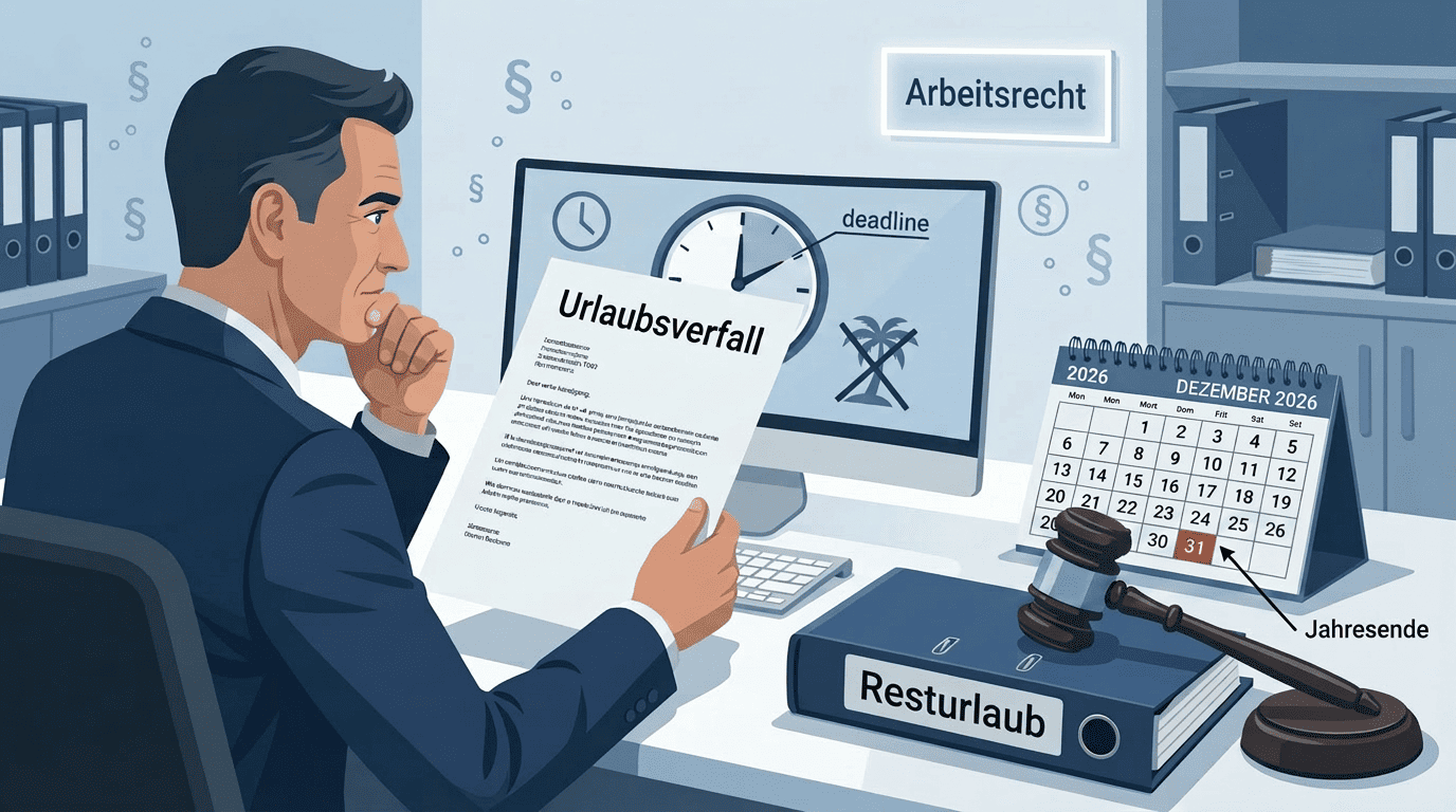 Ein nachdenklicher Mann am Schreibtisch liest ein Schreiben mit der Überschrift "Urlaubsverfall", der Monitor zeigt "deadline" und ein durchgestrichenes Palmensymbol; Kalender markiert 31. Dezember, Akte "Resturlaub" und Richterhammer deuten arbeitsrechtli