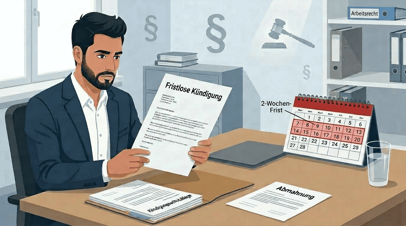 Mann in Büro liest ein Schreiben mit der Überschrift „Fristlose Kündigung“; auf dem Tisch liegen eine „Abmahnung“, ein Kalender markiert eine 2‑Wochen‑Frist und ein Ordner trägt „Arbeitsrecht“ — Szene zeigt arbeitsrechtliche Dringlichkeit.