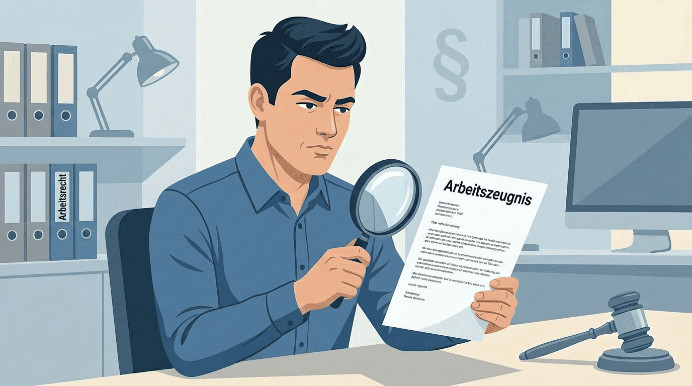 Mann in einem Büro untersucht ein Arbeitszeugnis mit einer Lupe — symbolische Darstellung der rechtlichen Prüfung von Arbeitszeugnissen, im Hintergrund Akten mit der Beschriftung "Arbeitsrecht", Paragrafenzeichen und Richterhammer.