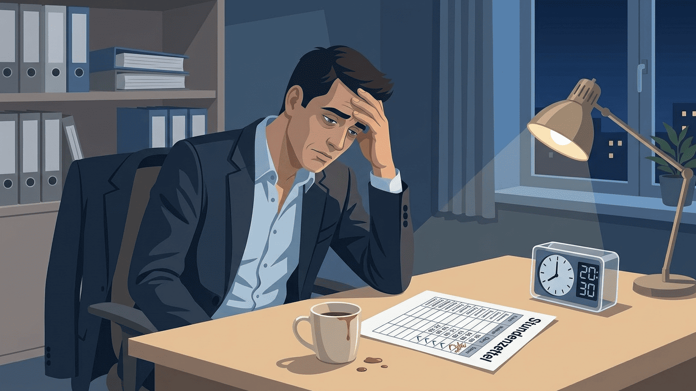 Erschöpfter Geschäftsmann sitzt spät abends im Büro, stützt den Kopf und blickt sorgenvoll auf einen Stundenzettel auf dem Schreibtisch; verschütteter Kaffeebecher und eine Uhr zeigen 20:30.
