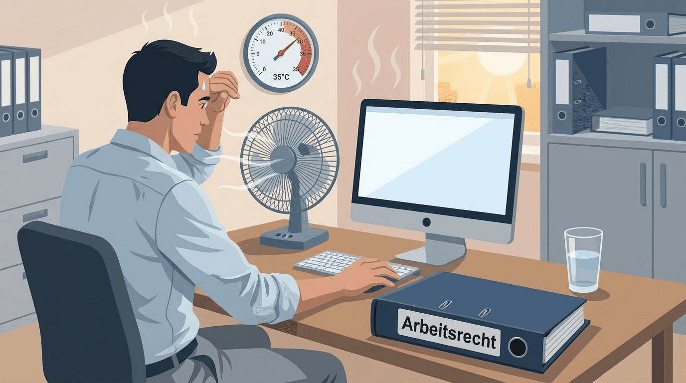 Stöhnender Büroangestellter klebt verschwitzt an seinem Schreibtischstuhl, ein surrendes Tischventilatorchen rührt die heiße Luft, Thermometer an der Wand zeigt 35 Grad, grelles Sonnenlicht brennt durchs Fenster, dicker Aktenordne