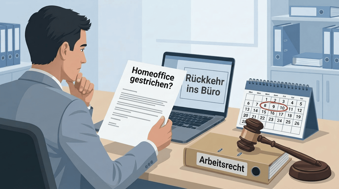 Anzugträger prüft Büropflicht-Dokument; Laptop, Kalender und Richterhammer symbolisieren arbeitsrechtliche Konsequenzen der Homeoffice-Abschaffung.