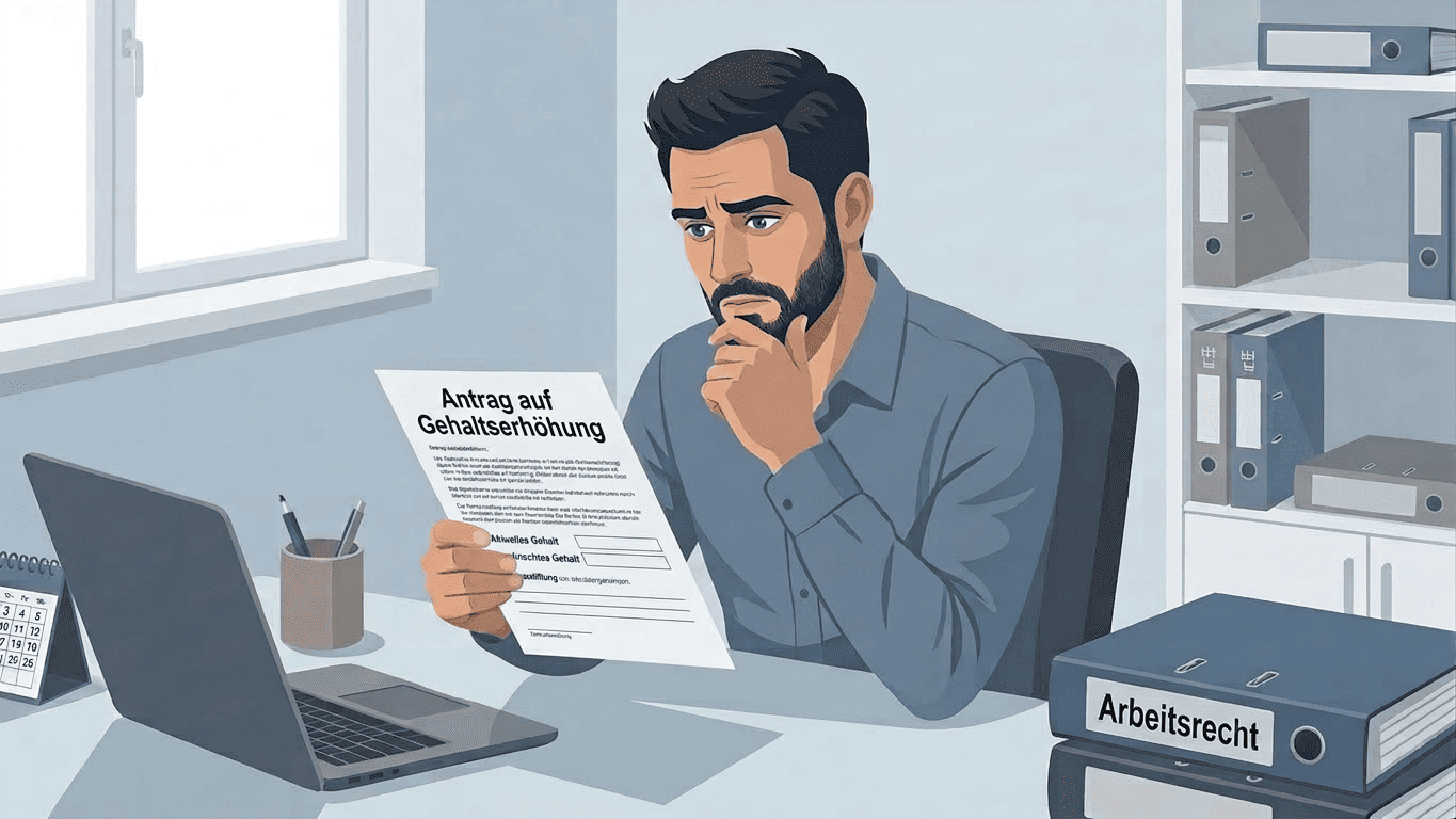 Illustration eines nachdenklichen Mannes im Büro, der ein Dokument mit der Überschrift 'Antrag auf Gehaltserhöhung' in der Hand hält, im Hintergrund ein Ordner mit der Aufschrift Arbeitsrecht