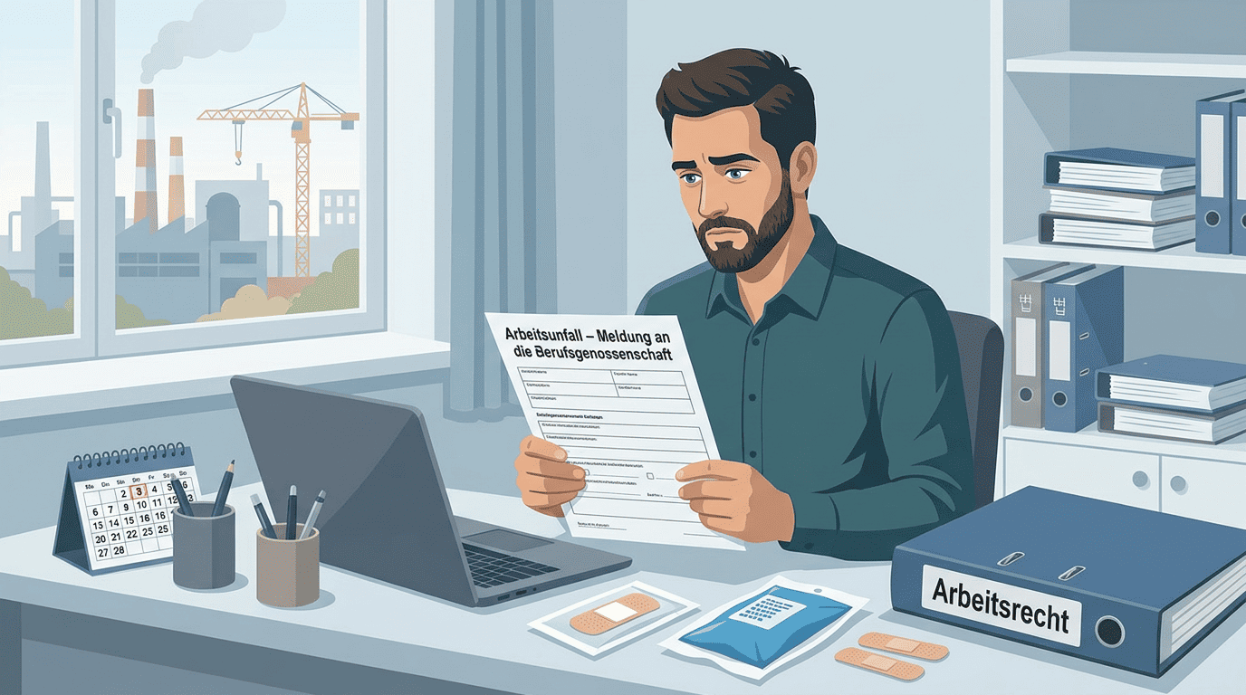 "Illustration eines Mannes am Schreibtisch, der ein Formular zur Meldung eines Arbeitsunfalls an die Berufsgenossenschaft hält, im Hintergrund ein Ordner mit der Aufschrift 'Arbeitsrecht' sowie Pflaster und Verbandsmaterial auf dem Tisch."