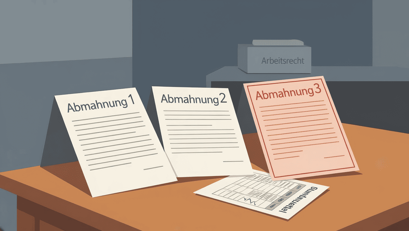 Wie viele Abmahnungen bis zur Kündigung: Drei aufgefächerte Aktenblätter "Abmahnung 1", "Abmahnung 2" und "Abmahnung 3" auf einem Schreibtisch, das dritte rot markiert, im Hintergrund ein Ordner "Arbeitsrecht".