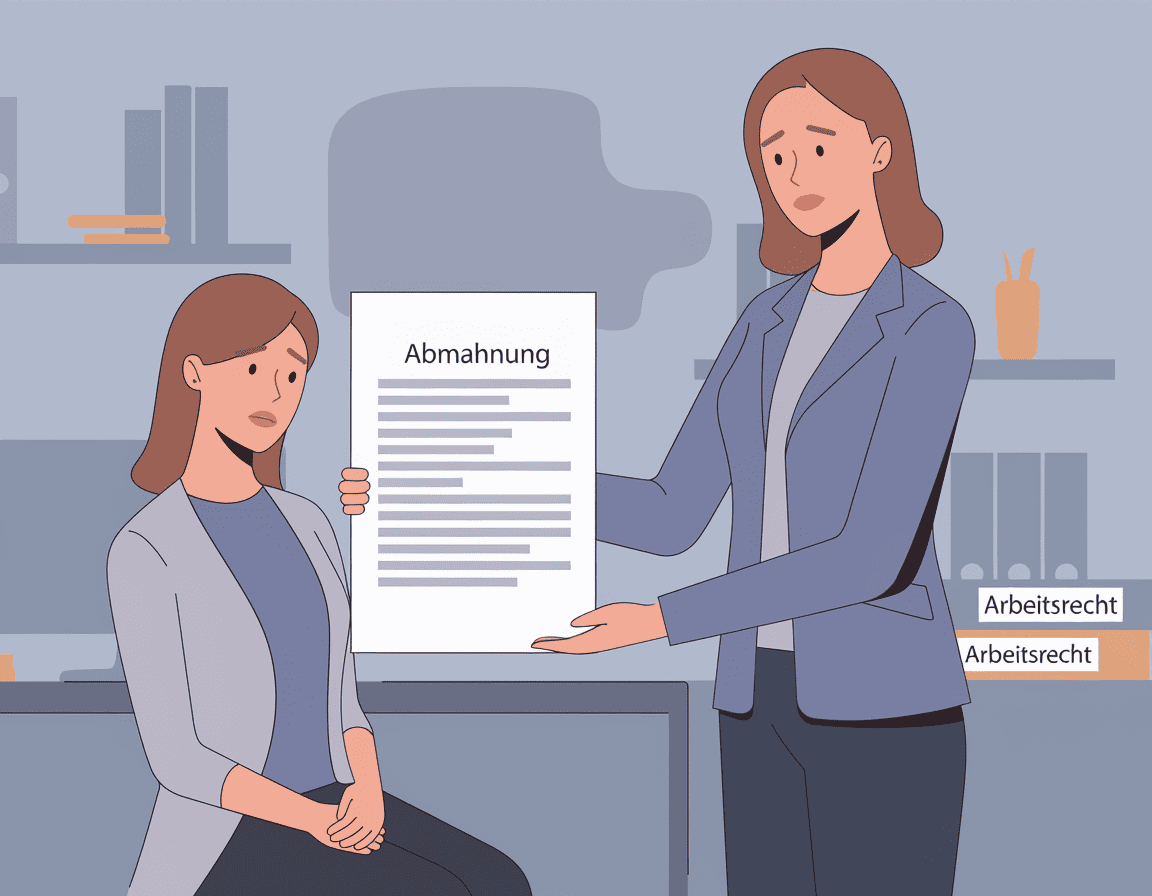 Abmahnung im Arbeitsrecht: Vorgesetzte überreicht einer Mitarbeiterin ein Schreiben mit der Aufschrift "Abmahnung", die Angestellte reagiert verunsichert im Büro.