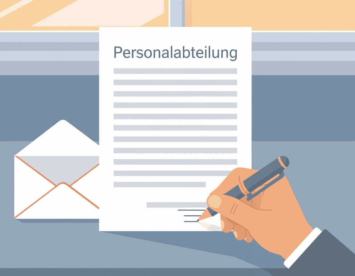 Abmahnung Widerspruch Muster: Nahaufnahme einer Hand, die einen an die Personalabteilung adressierten Widerspruchsbrief neben einem Umschlag unterschreibt.