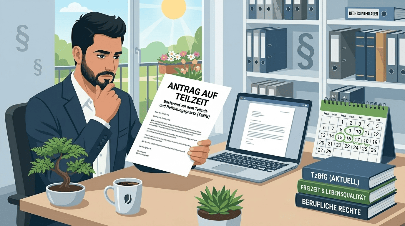 Mann im Büro betrachtet nachdenklich ein Schriftstück mit dem Titel „Antrag auf Teilzeit" nach dem Teilzeit- und Befristungsgesetz (TzBfG), im Hintergrund Kalender, Fachbücher zu Arbeitsrecht und Rechtsunterlagen.