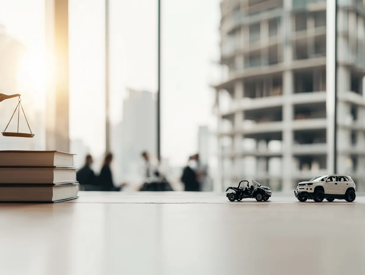 Justizwaage und zwei Miniaturautos – Haftung nach einem Unfall beim Überfahren der durchgezogenen Linie