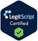 LegitScript Certified badge with a checkmark inside a hexagon shape.