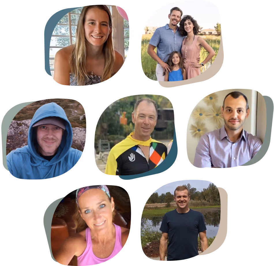 Collage of seven diverse people smiling in casual or outdoor settings, including one family with a child.