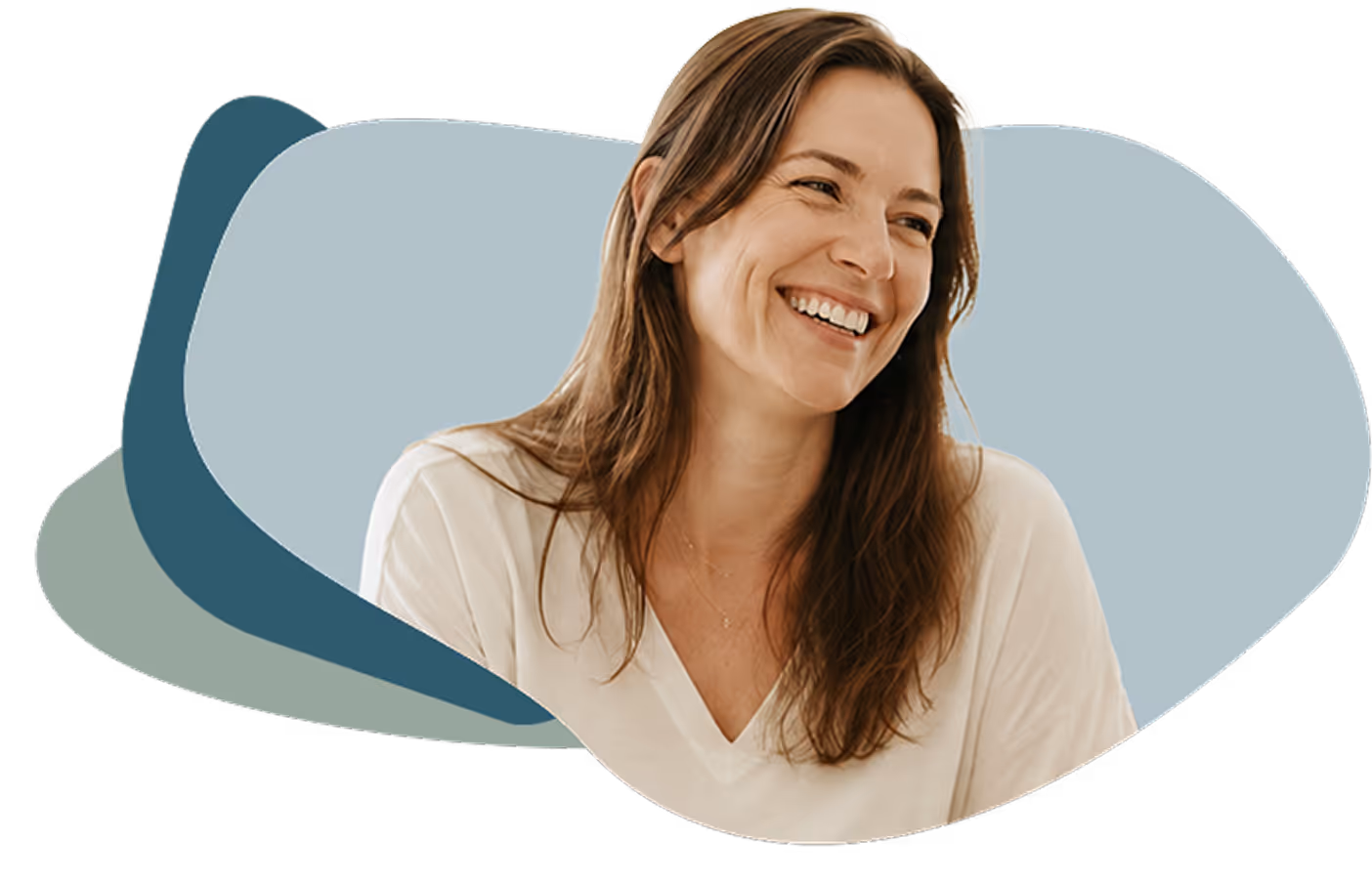 Smiling woman with long brown hair wearing a white V-neck shirt on abstract blue shapes.