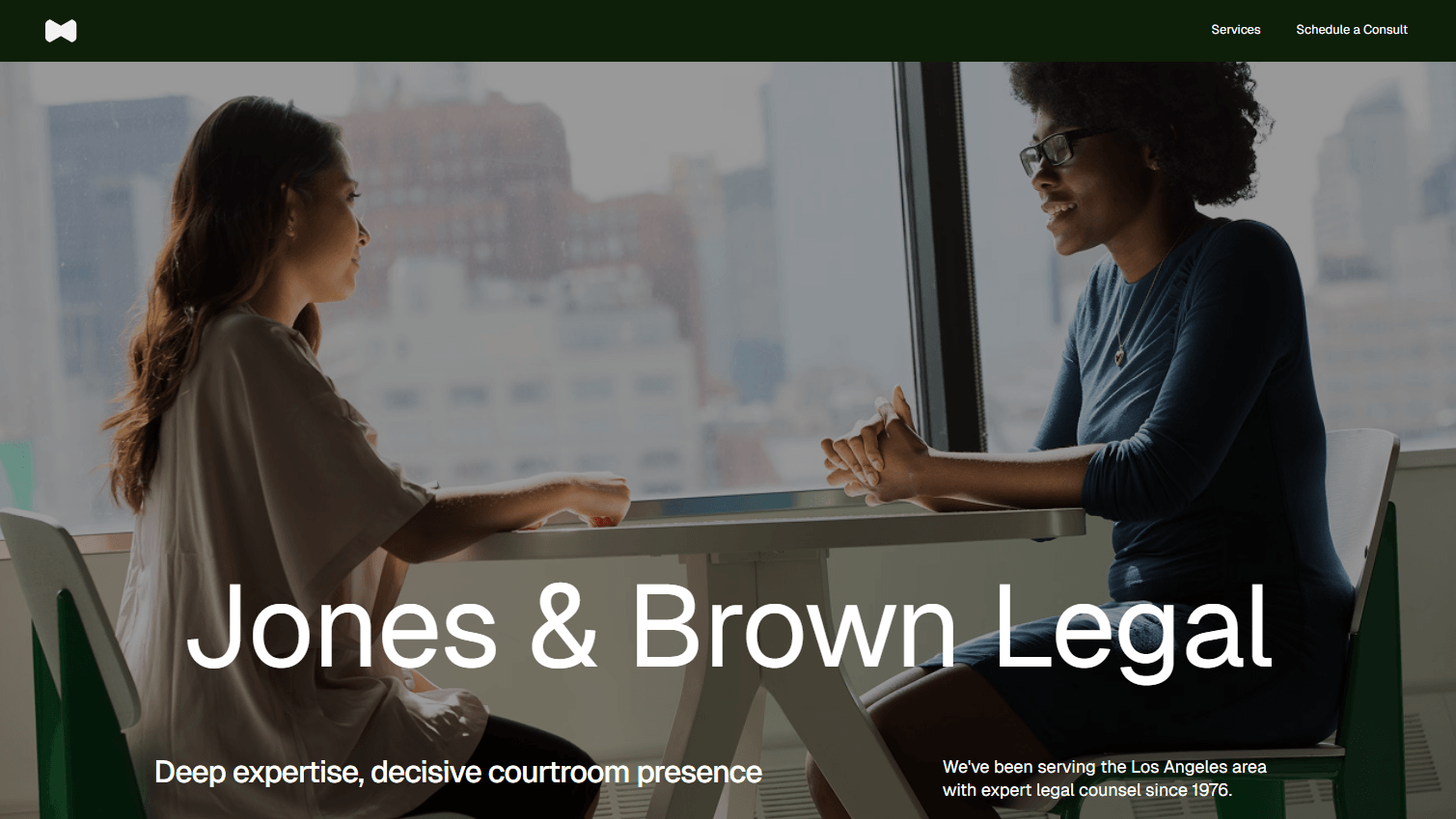 Law firm homepage with two people in a meeting and large hero heading overlay.