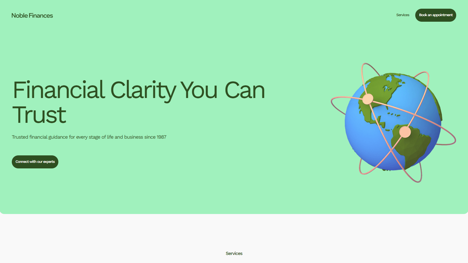 Finance website hero section with green background, large headline, and globe illustration.