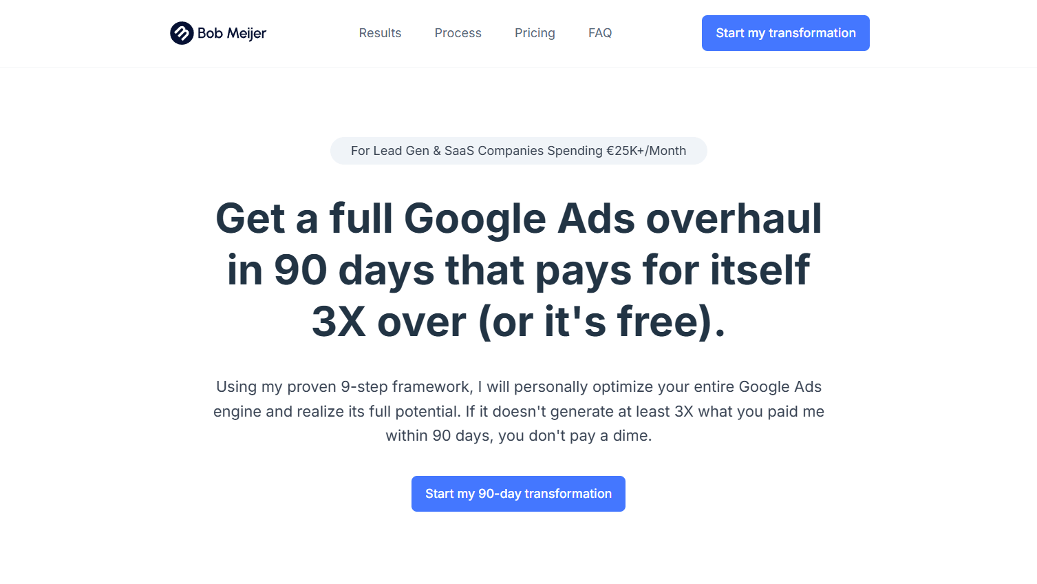 Marketing landing page with bold headline about Google Ads and centered call-to-action button.