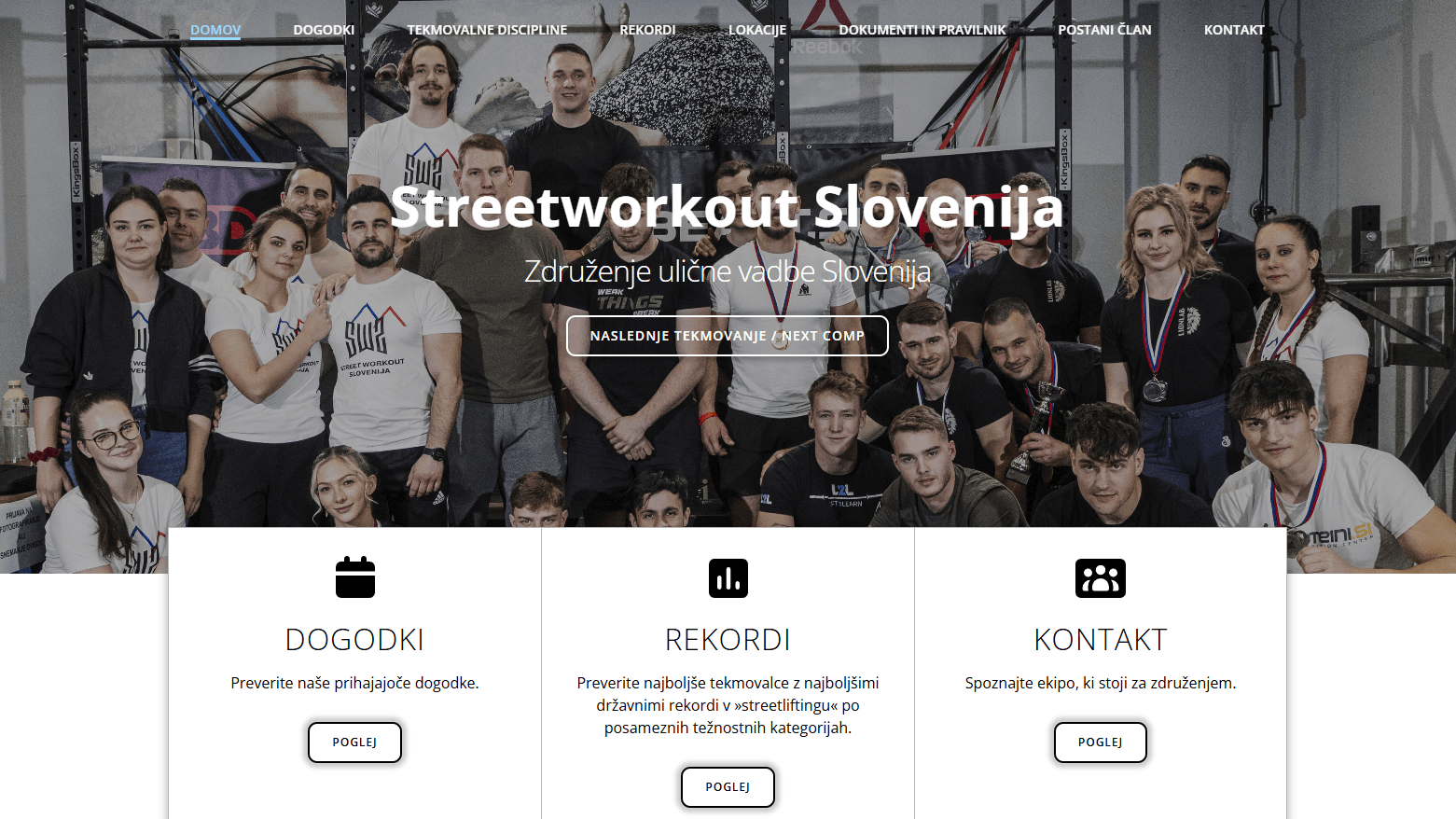 Street workout team group photo with overlay text, navigation, and feature cards below.