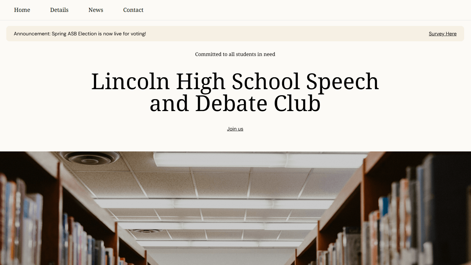 School club homepage with announcement banner, large title, and library background image.
