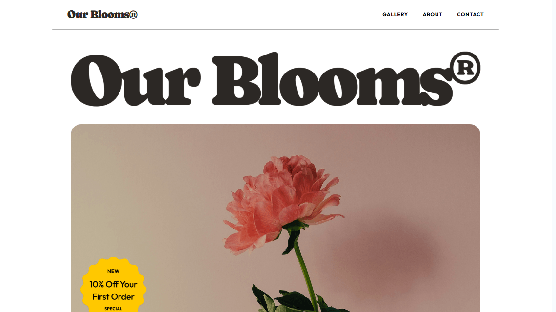 Flower shop homepage with large serif heading, product image of a pink flower, and promotional badge.