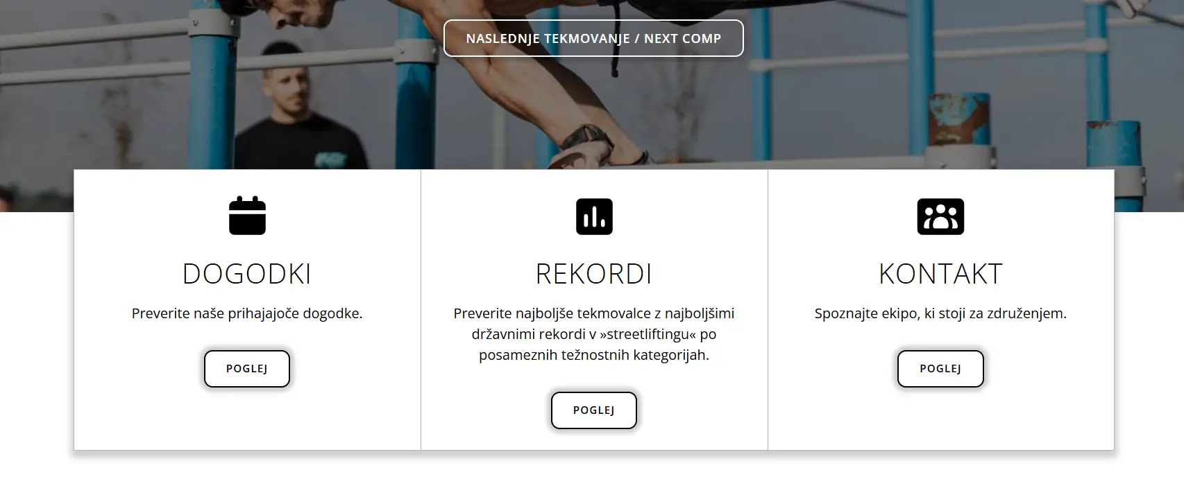 Overlay card section positioned over hero image with three feature blocks for events, records, and contact.