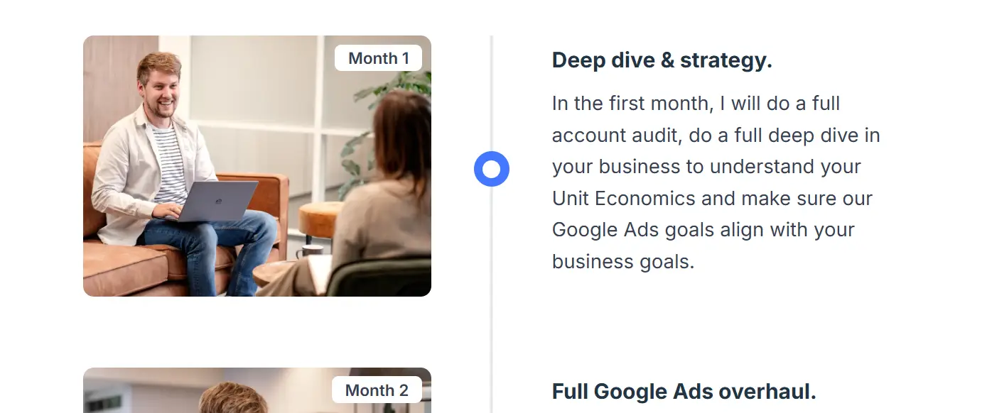 Two-column layout with process steps, timeline markers, and supporting images aligned with descriptive text.