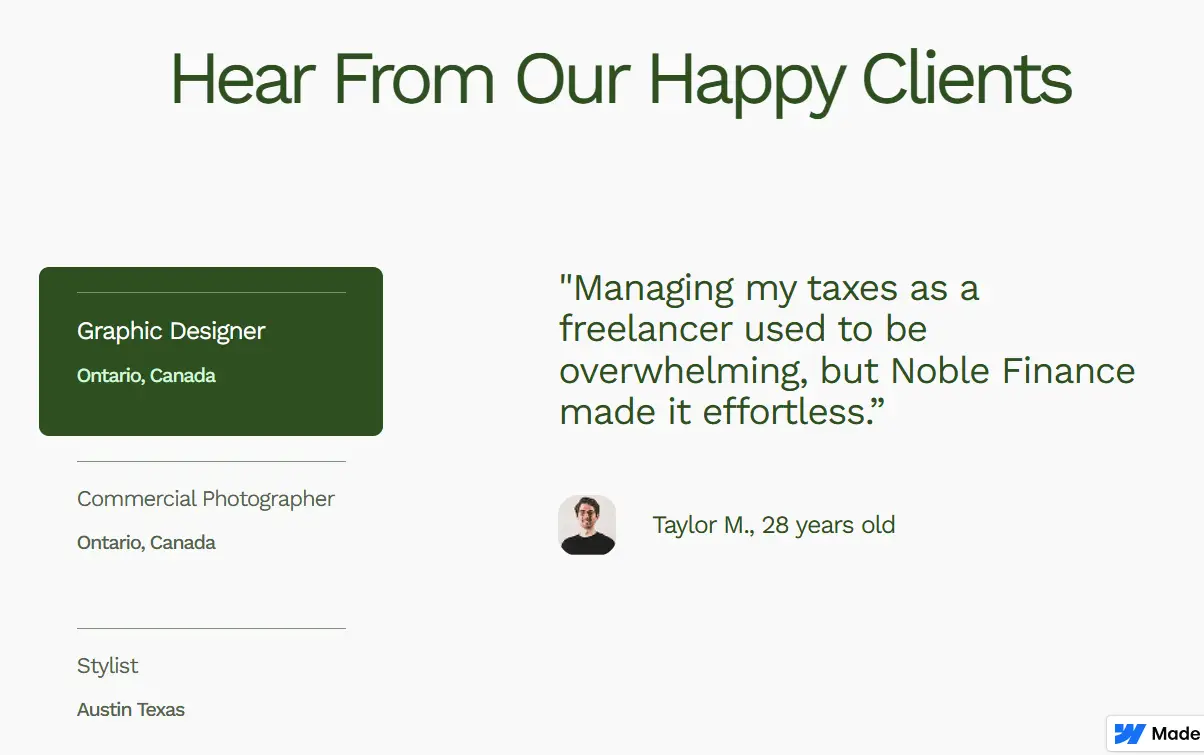 Client testimonials section with highlighted quote and list of professions and locations.