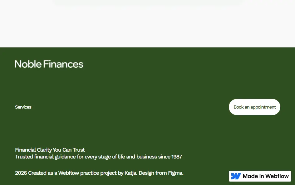 Footer section with branding, services link, and call-to-action button.