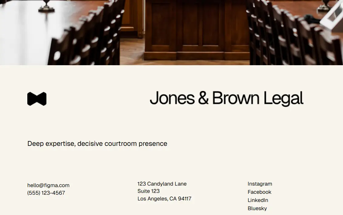 Footer section with law firm branding, contact details, address, and social media links.