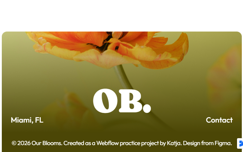 Footer section with flower background image, centered logo, and contact/location details.