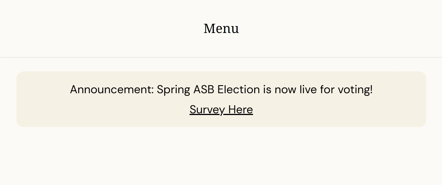 Structured content layout with announcement banner and centered full-width mobile menu.
