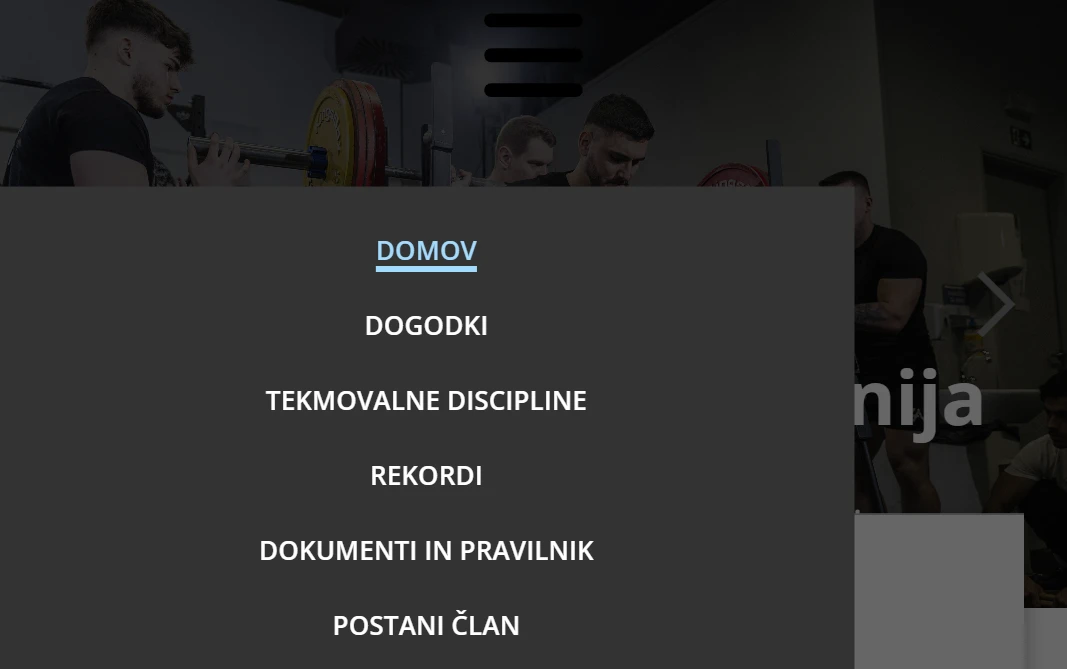 Mobile navigation overlay with highlighted active link and structured menu items.