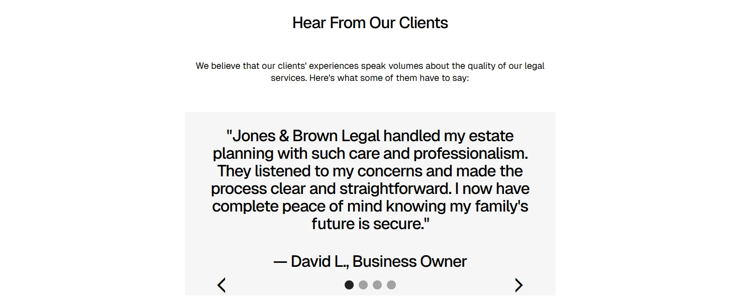 Testimonial slider section with centered quote, navigation arrows, and pagination dots.