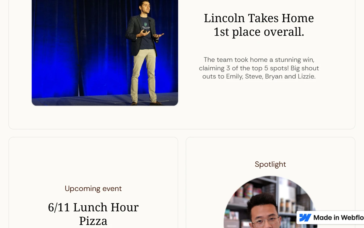Grid-based layout showcasing news, events, and spotlight content in a structured and responsive design.