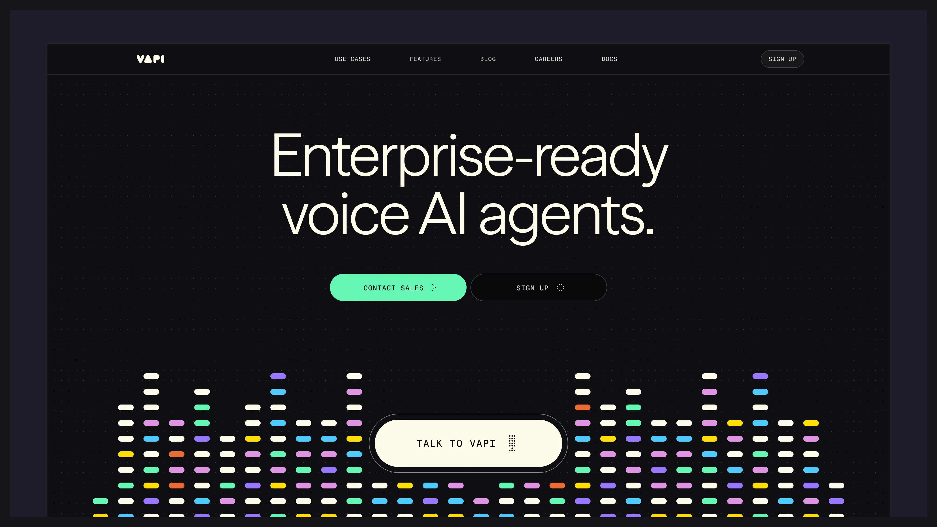 Vapi website screenshot with use cases, features, and contact links.