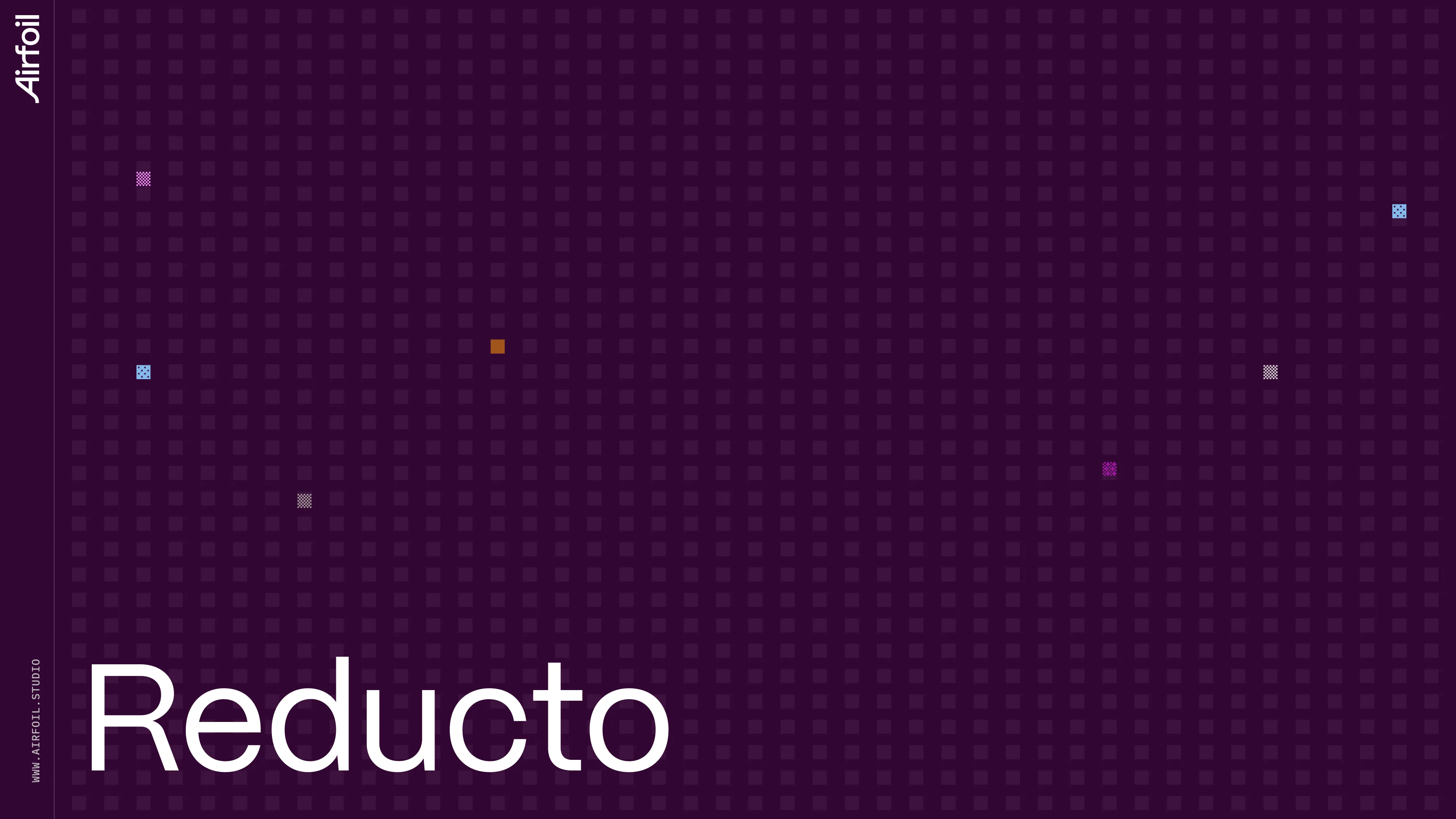 Reducto title slide on dark purple grid with scattered accent squares and Airfoil branding.