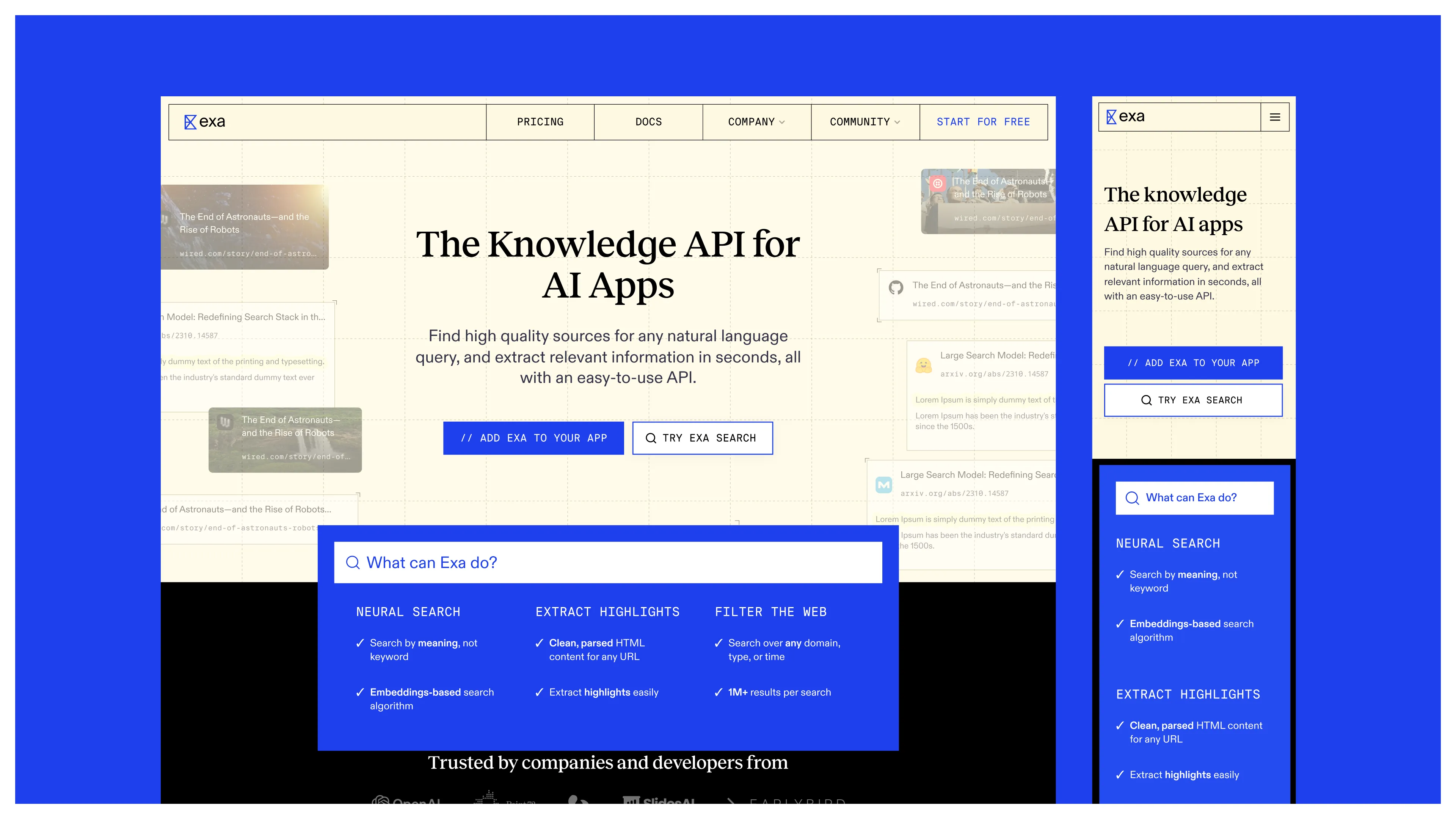 Exa homepage screenshot highlighting the knowledge API for AI apps.