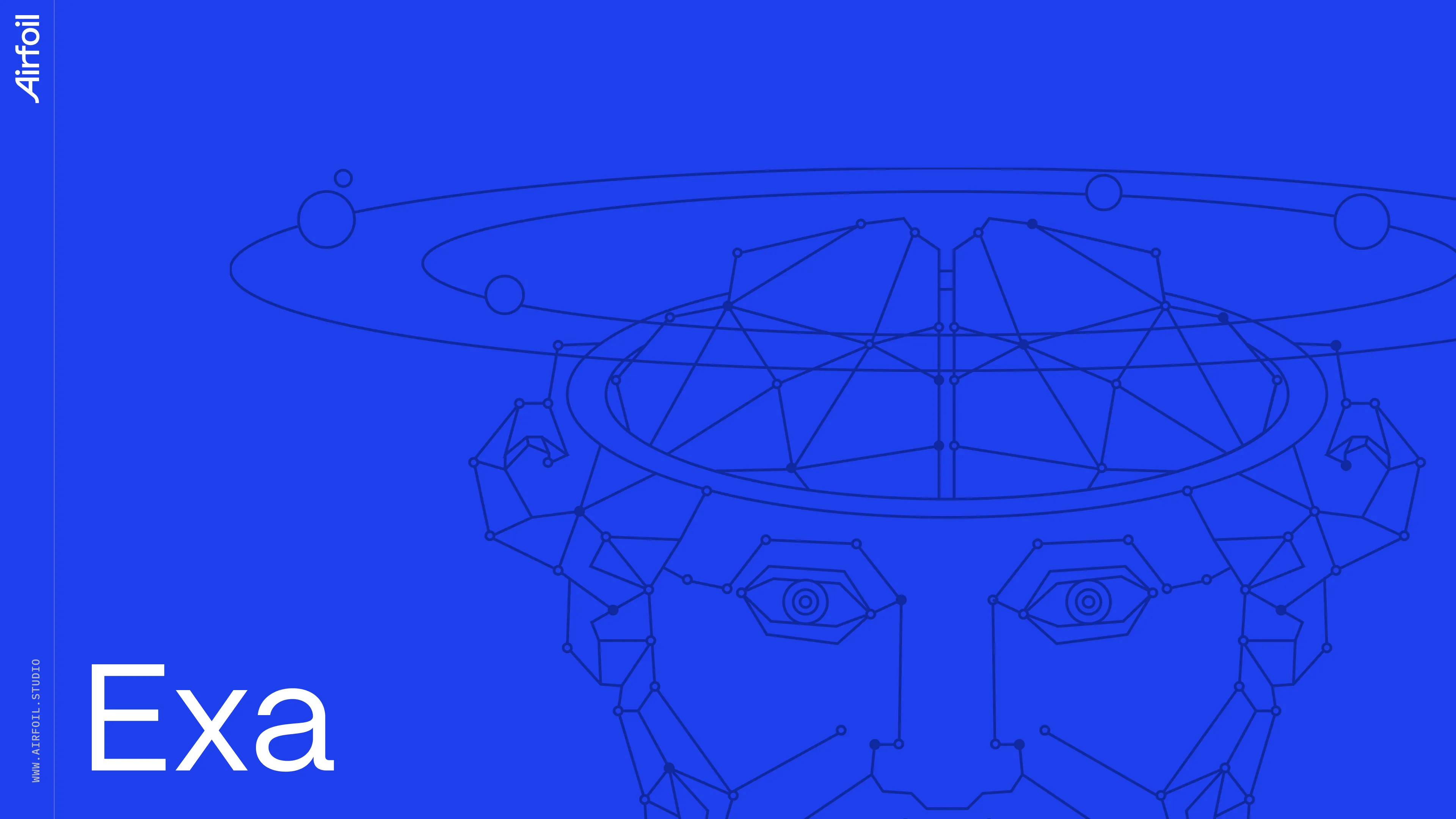 Exa branding slide with abstract geometric line art and waveform motifs.