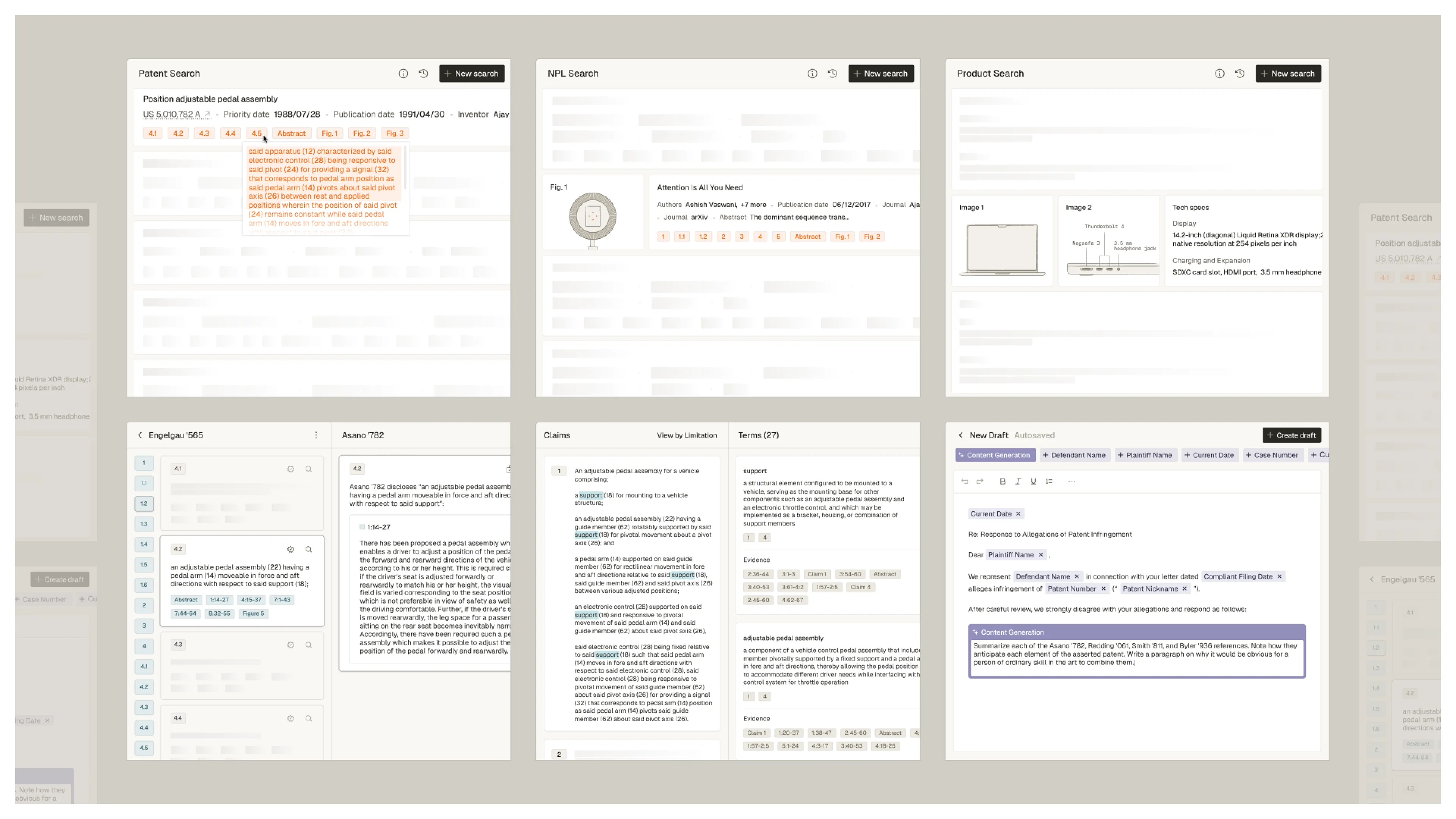 AndAI patent search results interface showing filters, records, and references.
