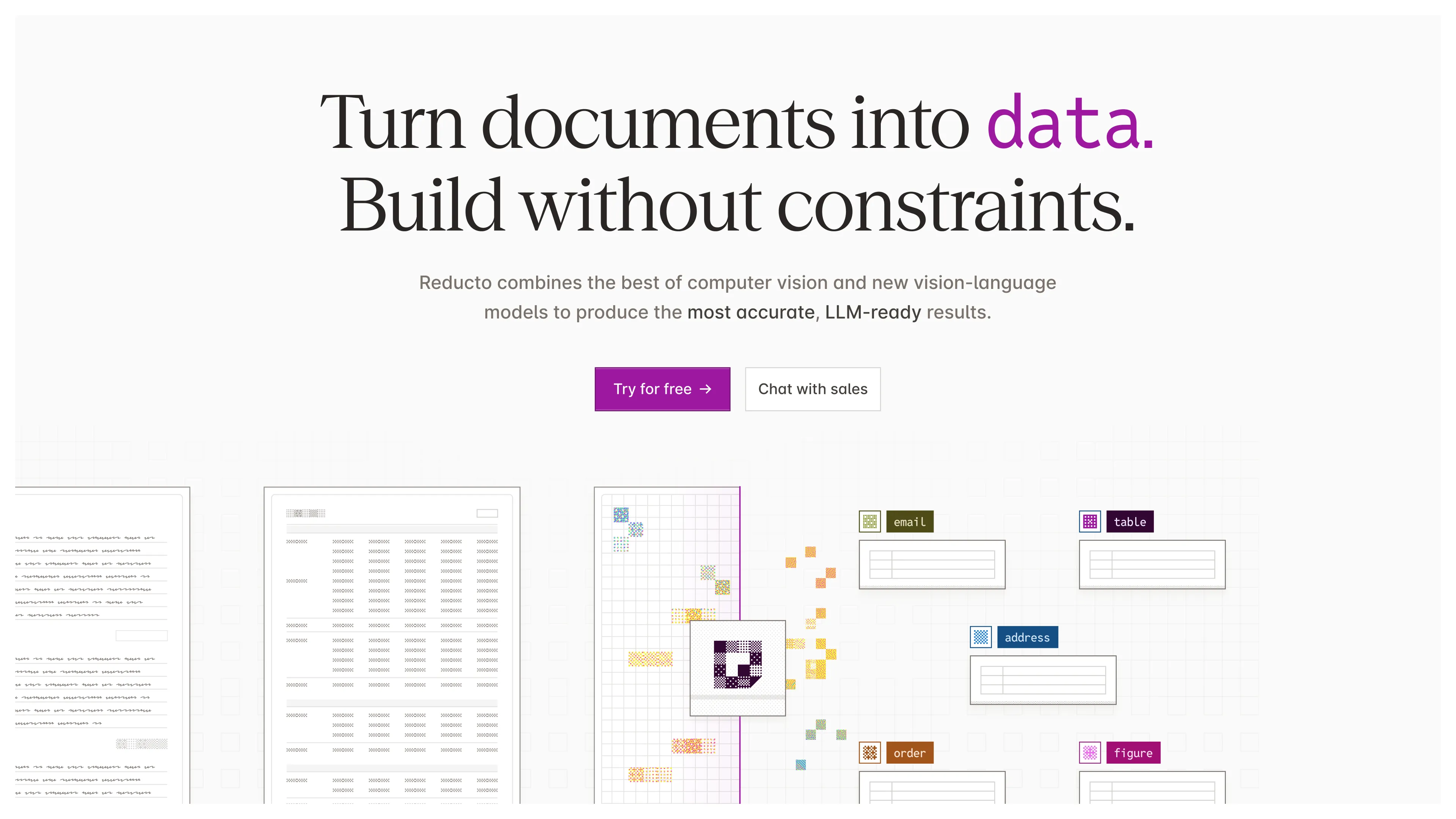 Reducto messaging slide about turning documents into structured data with AI.