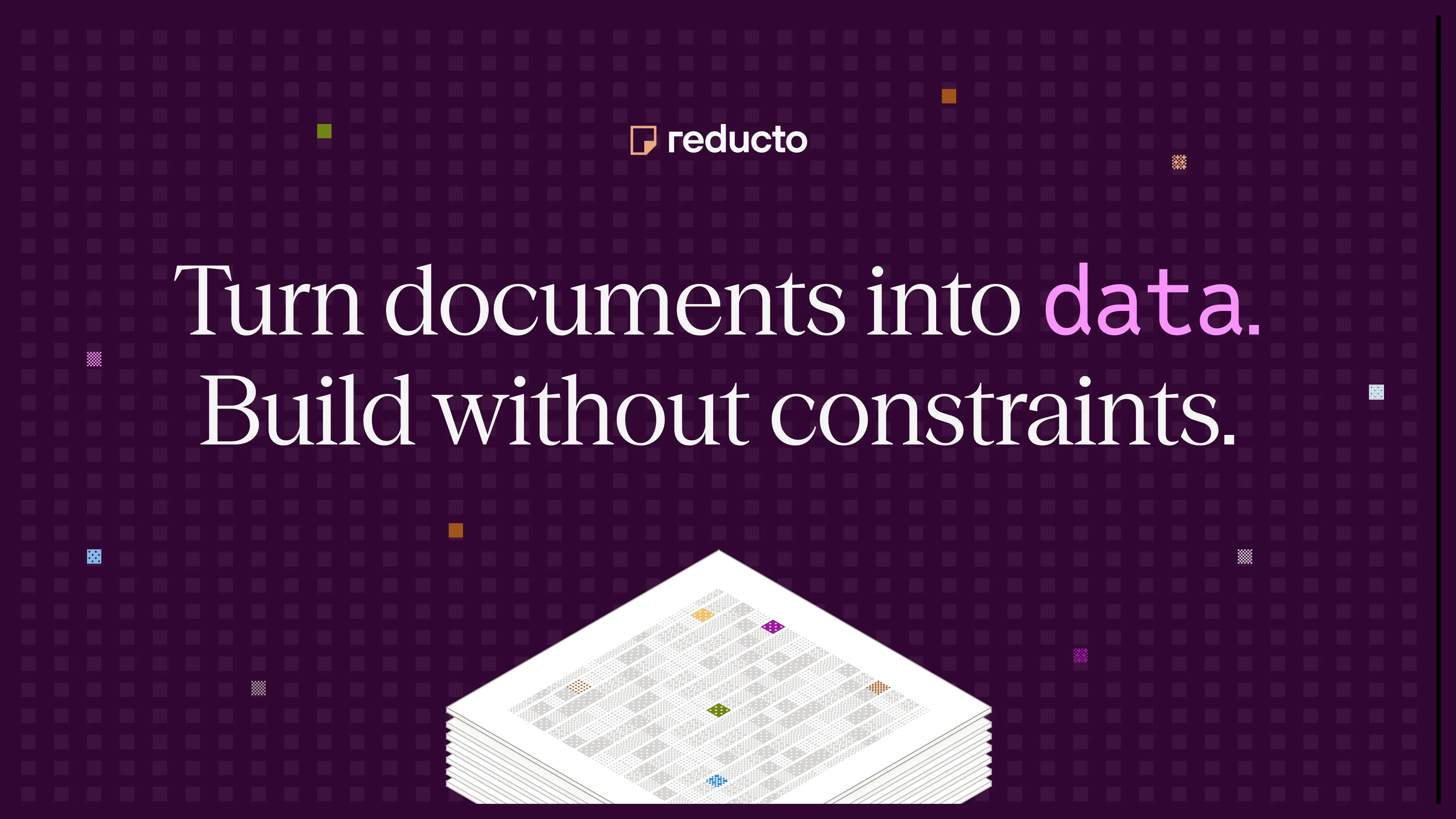 Reducto hero slide with logo and tagline on light background.