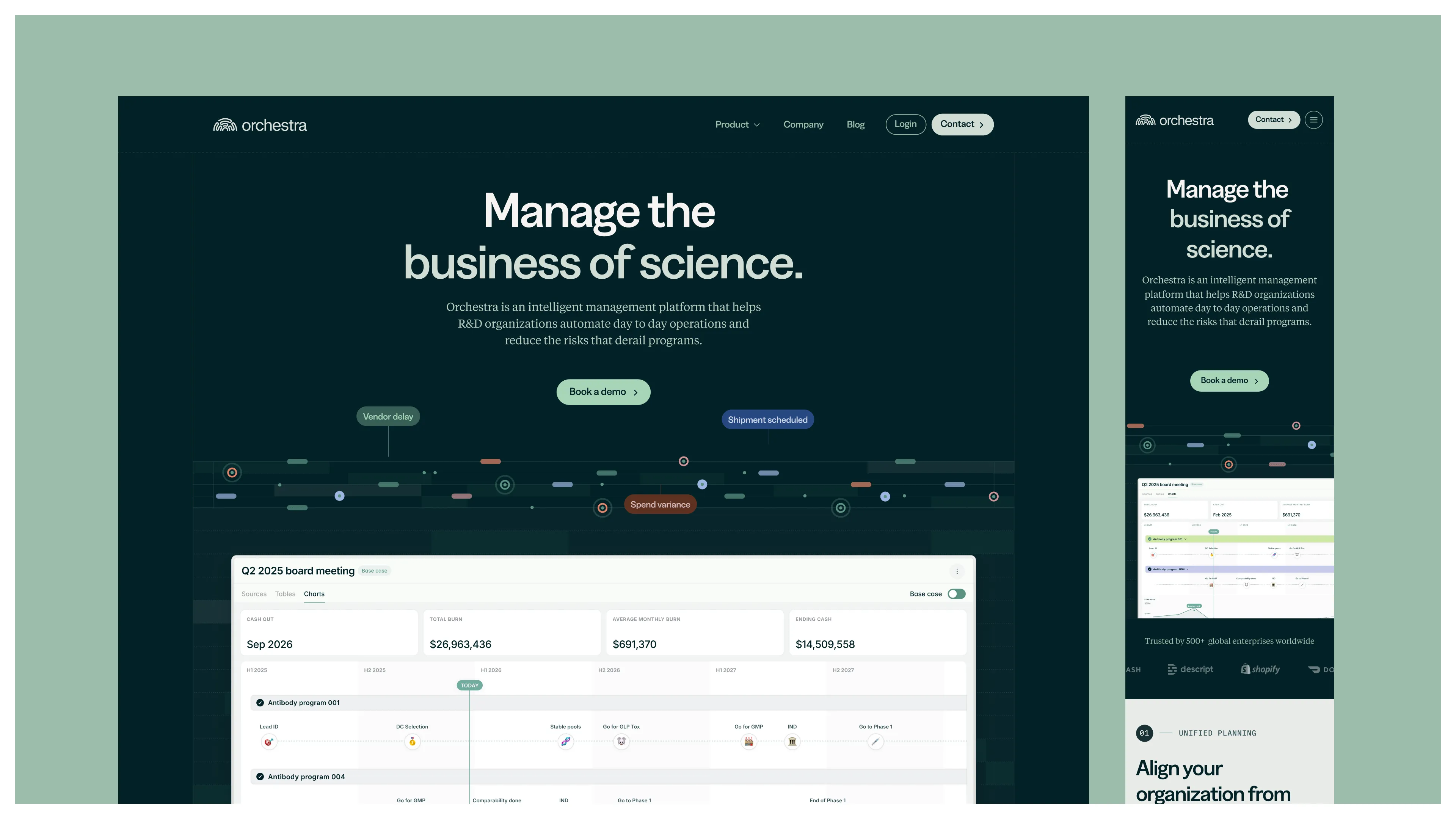 Orchestra Bio homepage screenshot with product navigation and messaging.