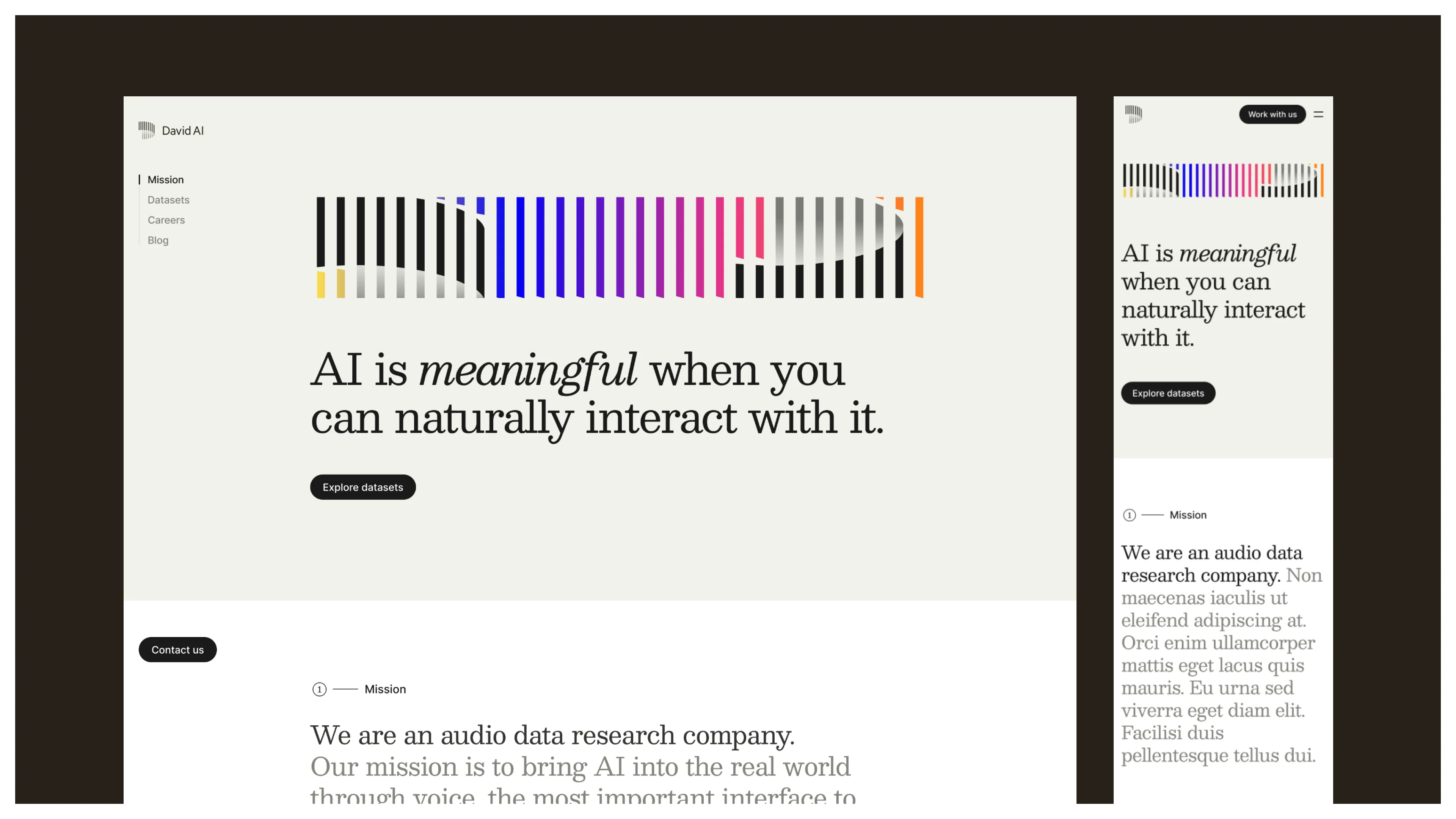 David AI mission page screenshot emphasizing natural voice interaction outcomes.