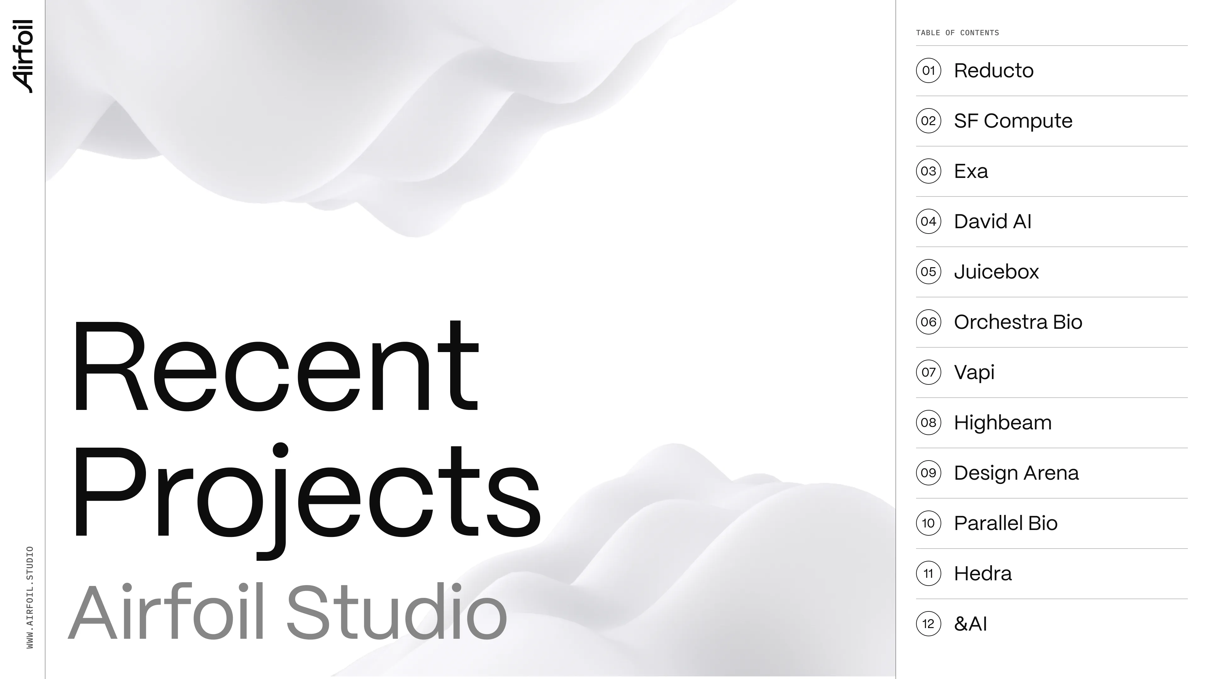 Cover slide with table of contents listing client projects for Airfoil Studio AI deck.