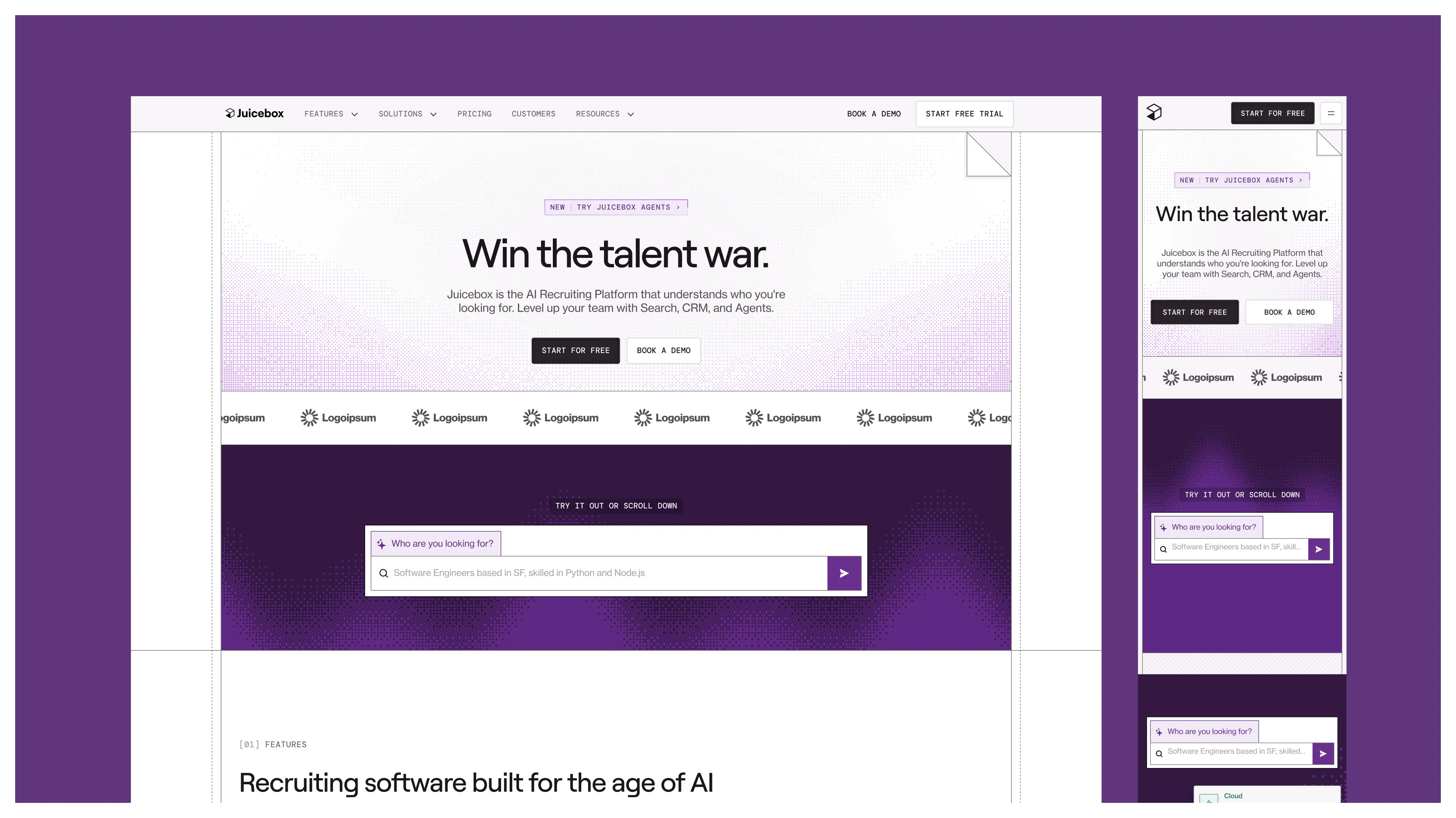 Juicebox homepage screenshot with features, solutions, and call-to-action buttons.