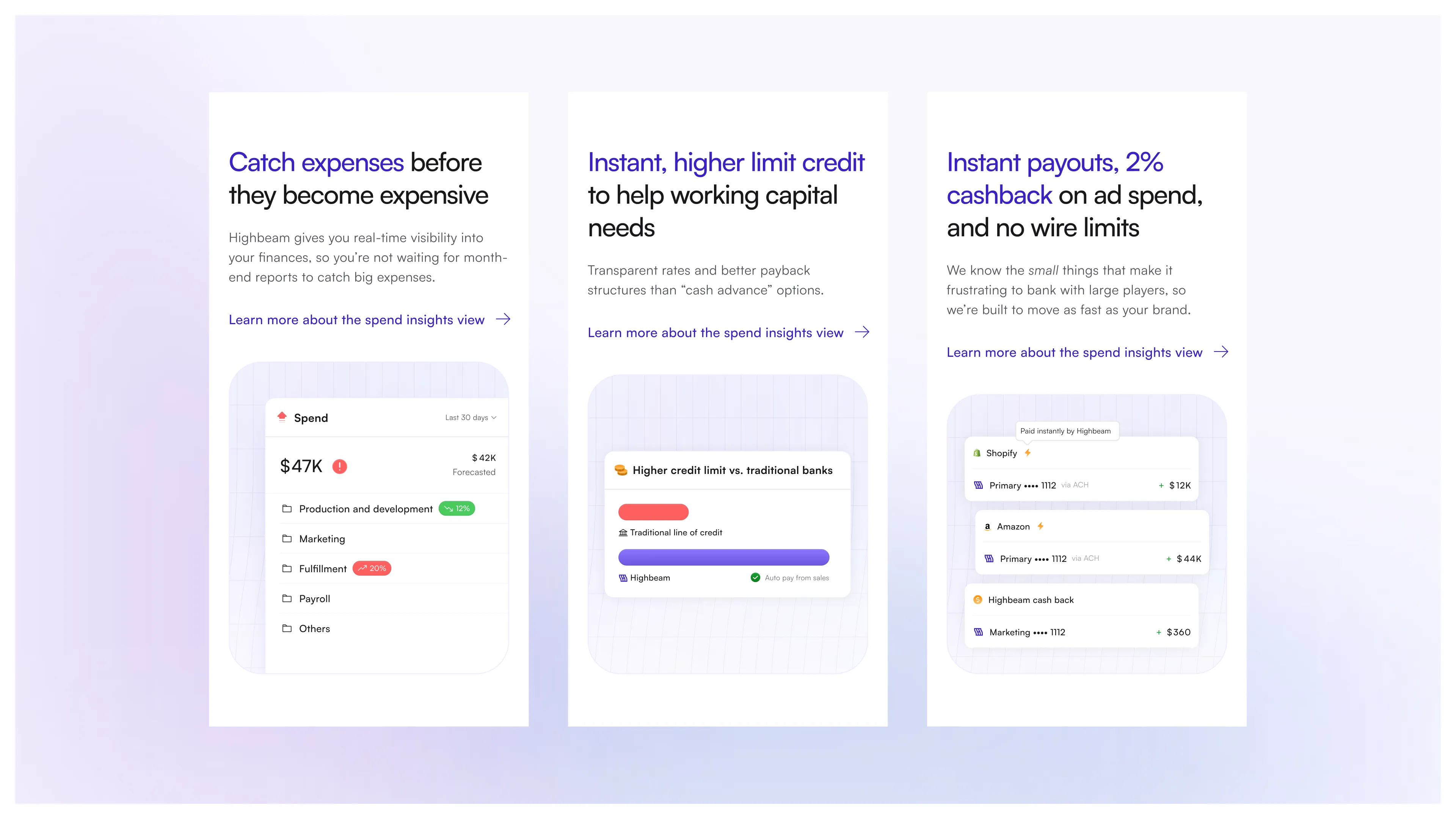Highbeam features slide on expense control, credit limits, and payouts.