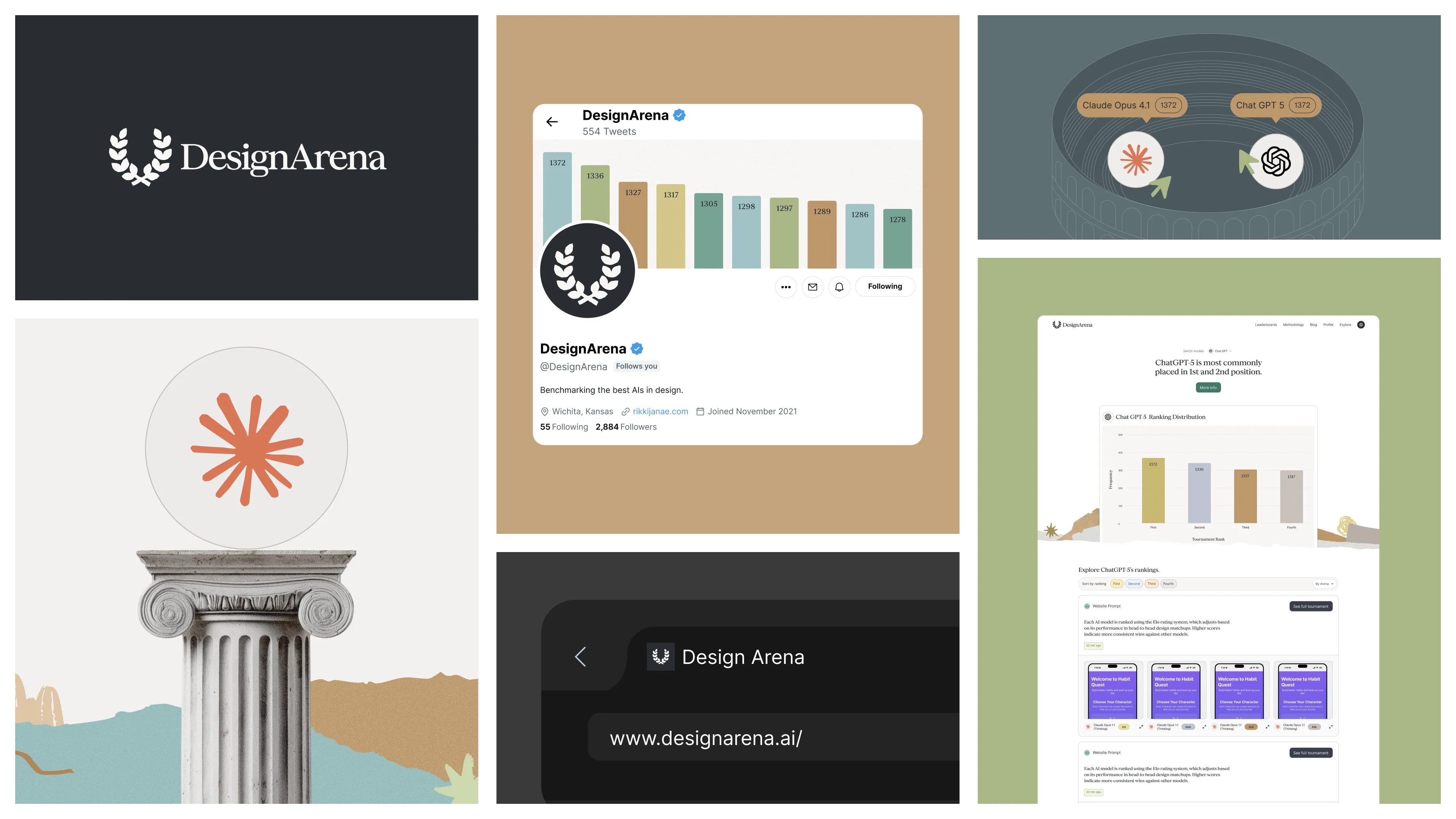 DesignArena profile slide with social metrics and benchmark context.
