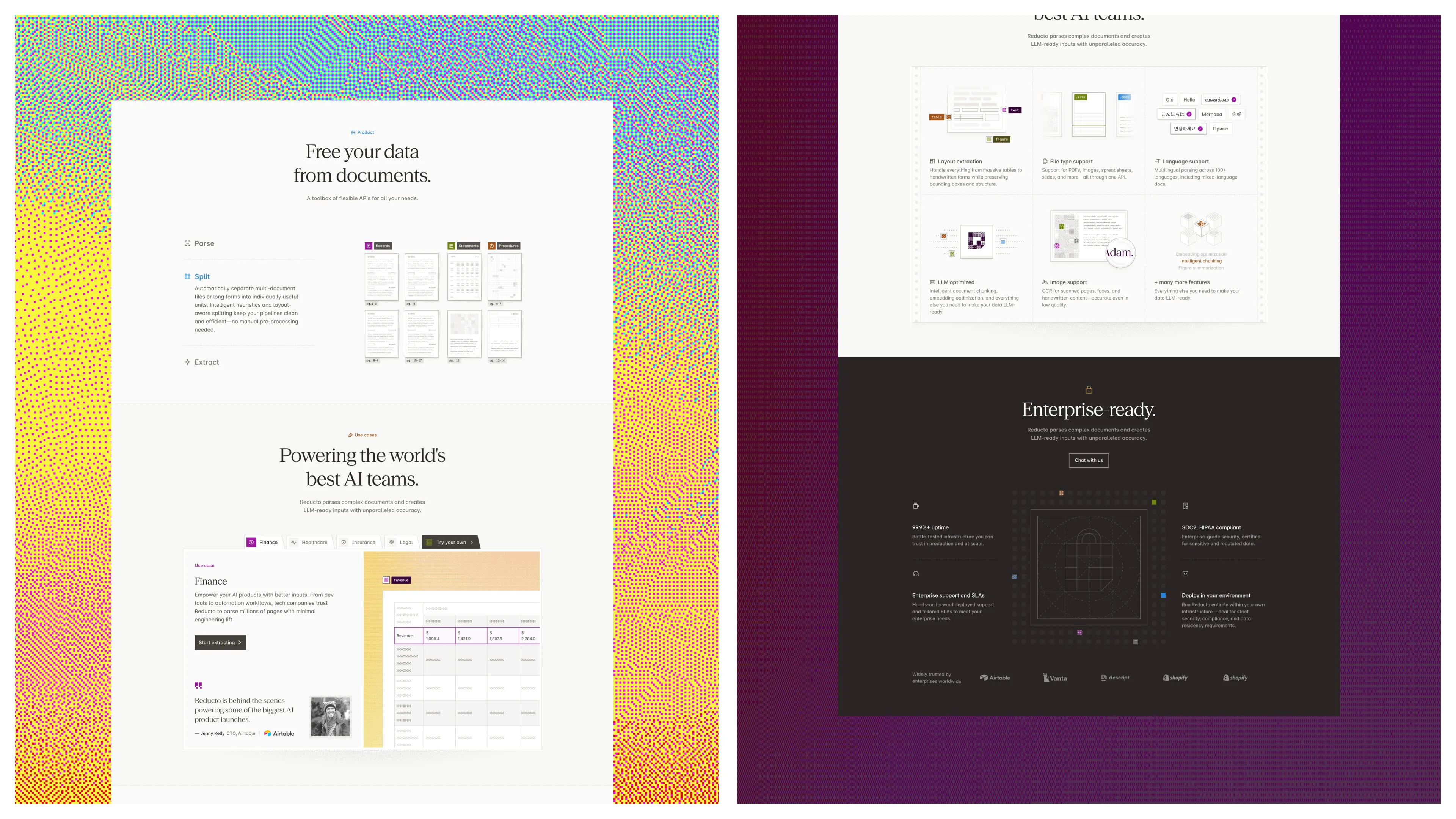 Reducto product slide describing document parsing and LLM-ready outputs.