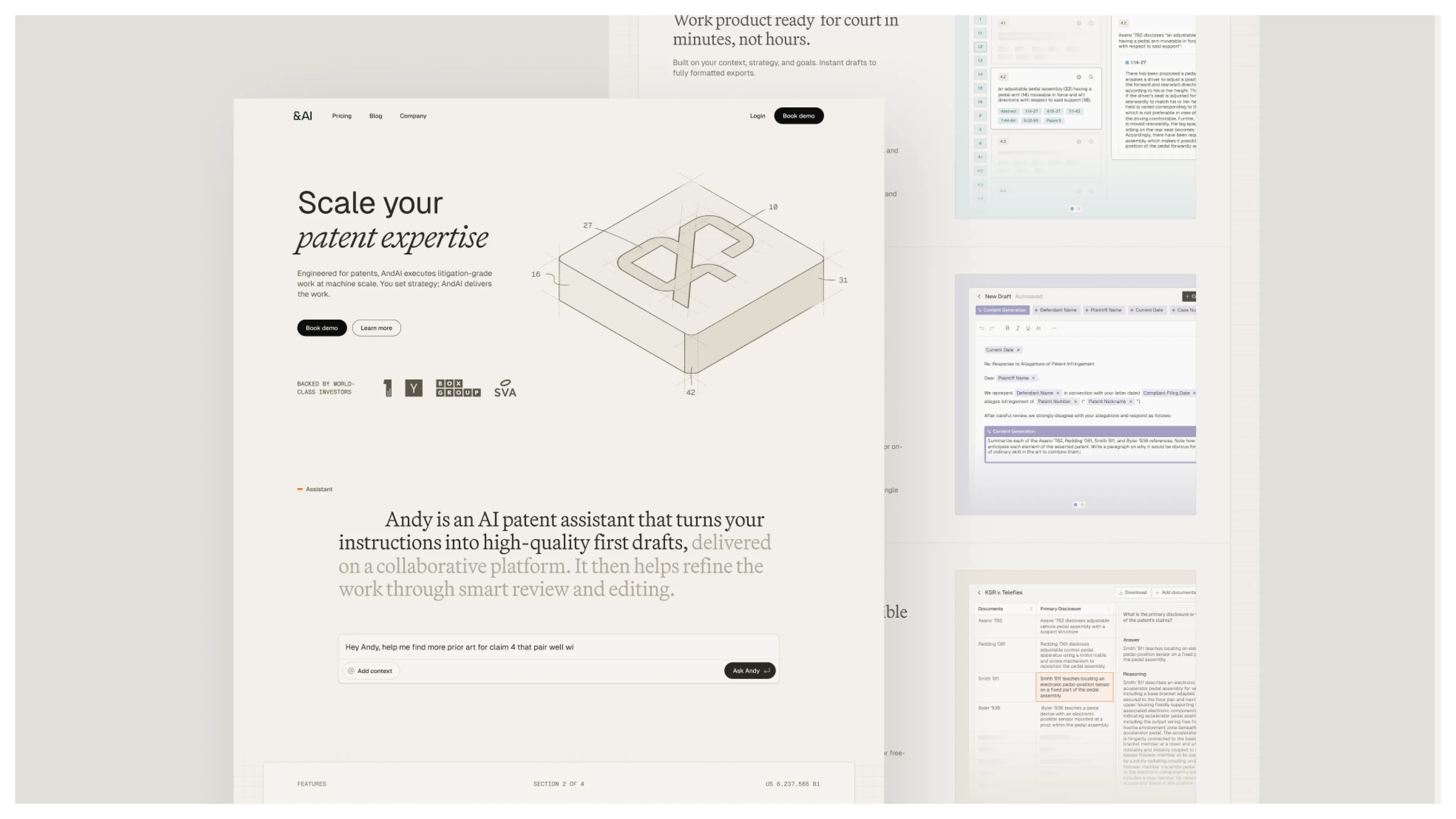 AndAI legal product slide about producing court-ready work quickly.