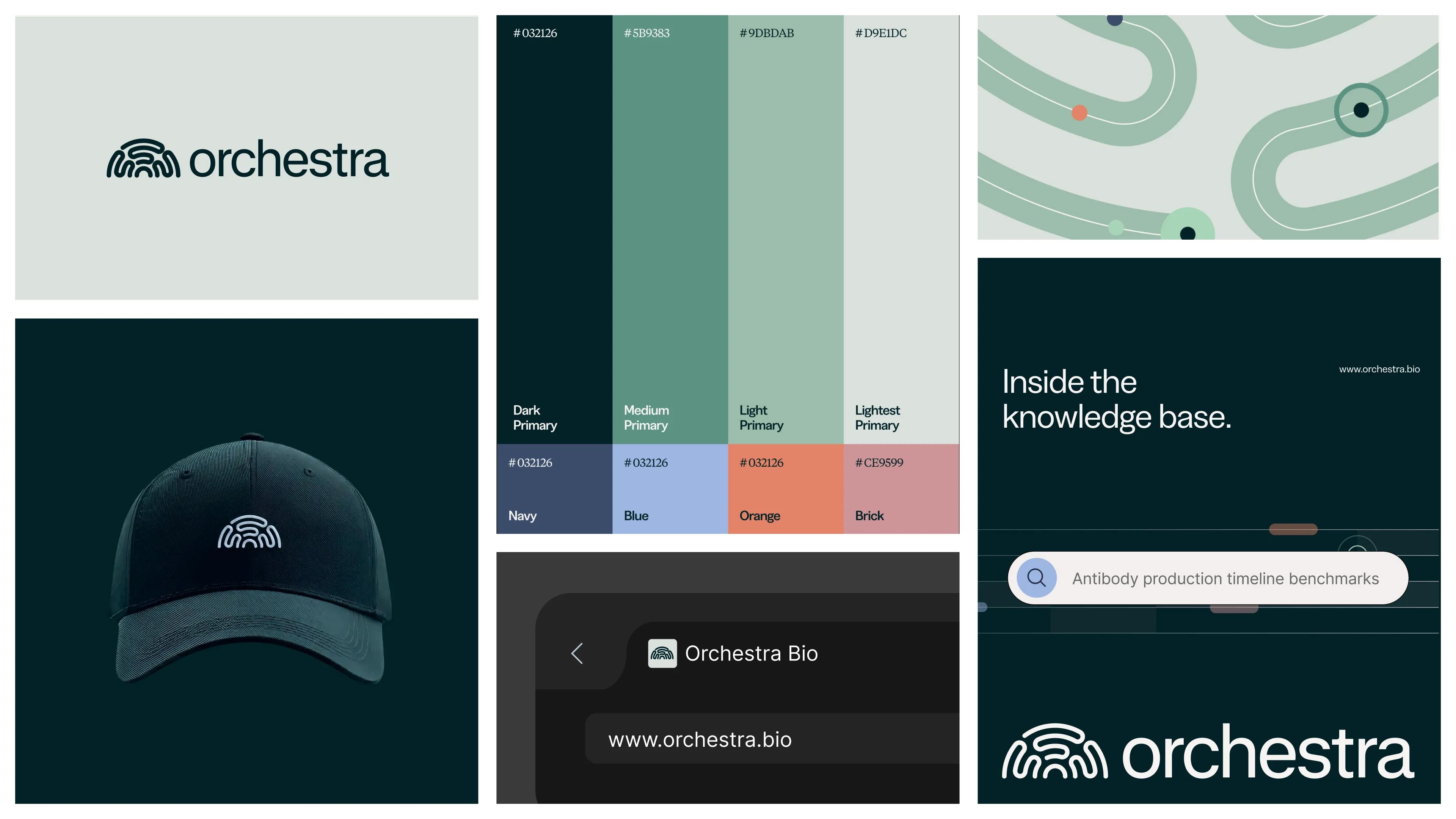 Orchestra Bio brand system slide with color palette and token labels.